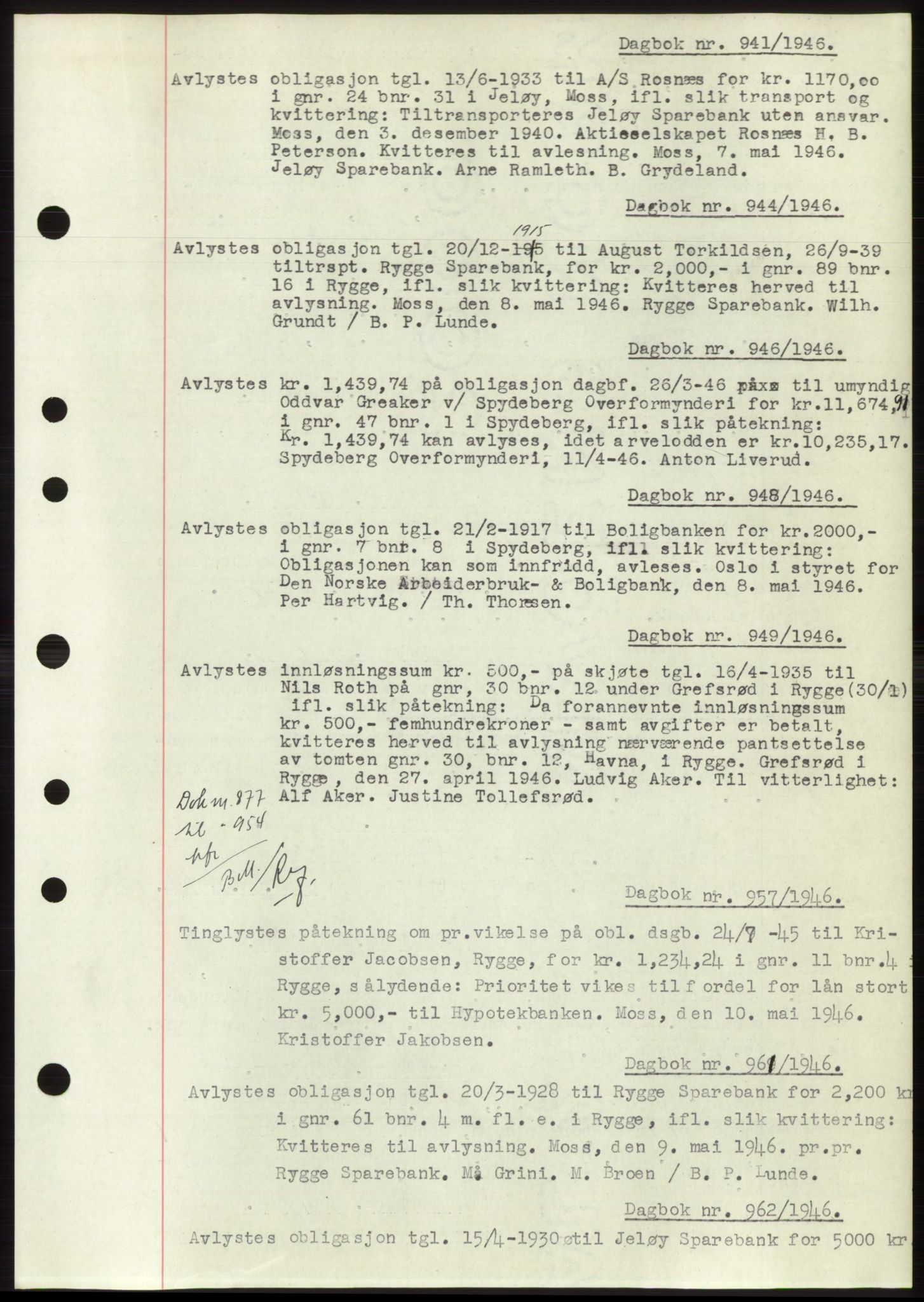 Moss sorenskriveri, SAO/A-10168: Pantebok nr. C10, 1938-1950, Dagboknr: 941/1946