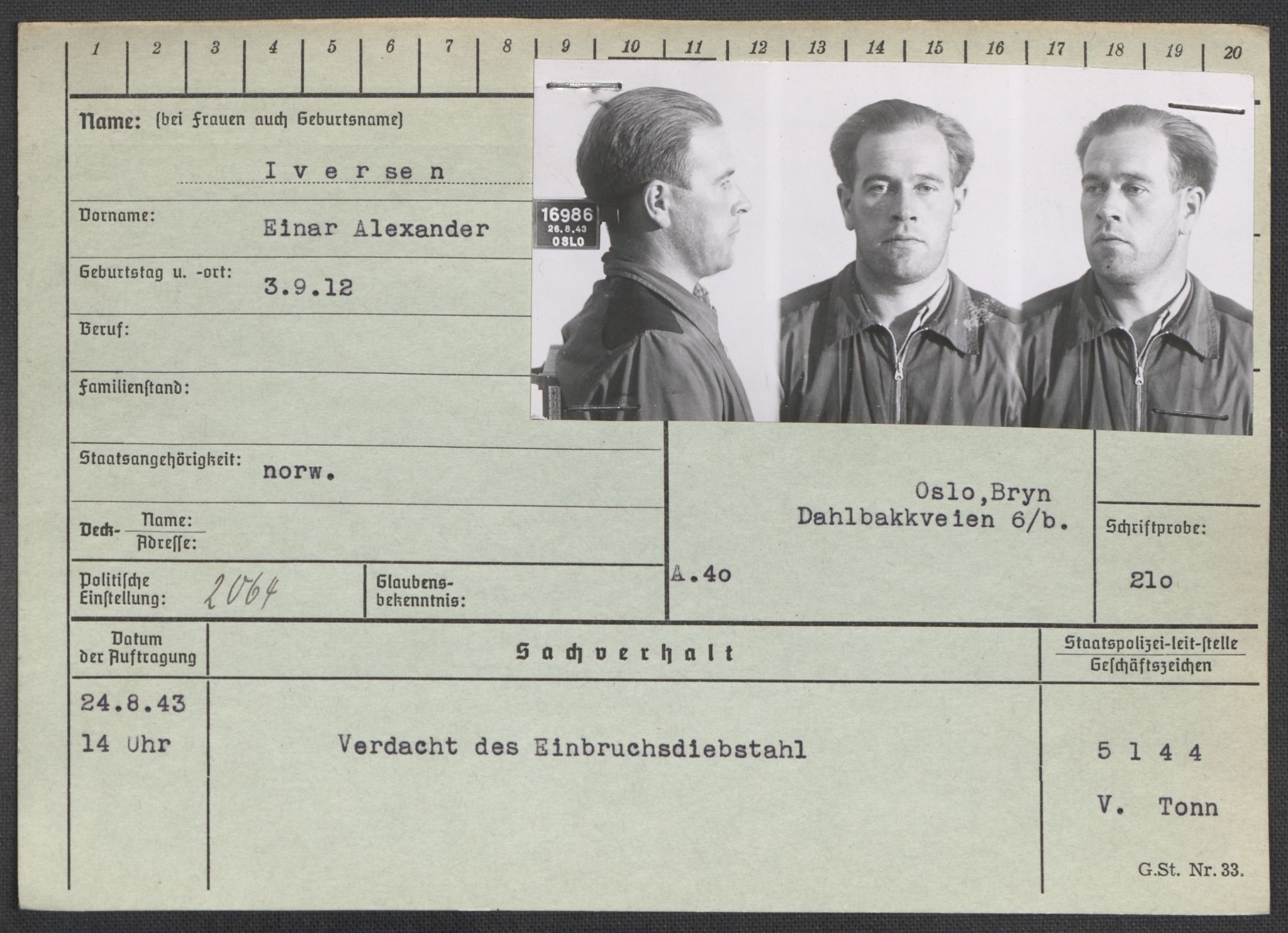 Befehlshaber der Sicherheitspolizei und des SD, AV/RA-RAFA-5969/E/Ea/Eaa/L0005: Register over norske fanger i Møllergata 19: Hø-Kj, 1940-1945, s. 201