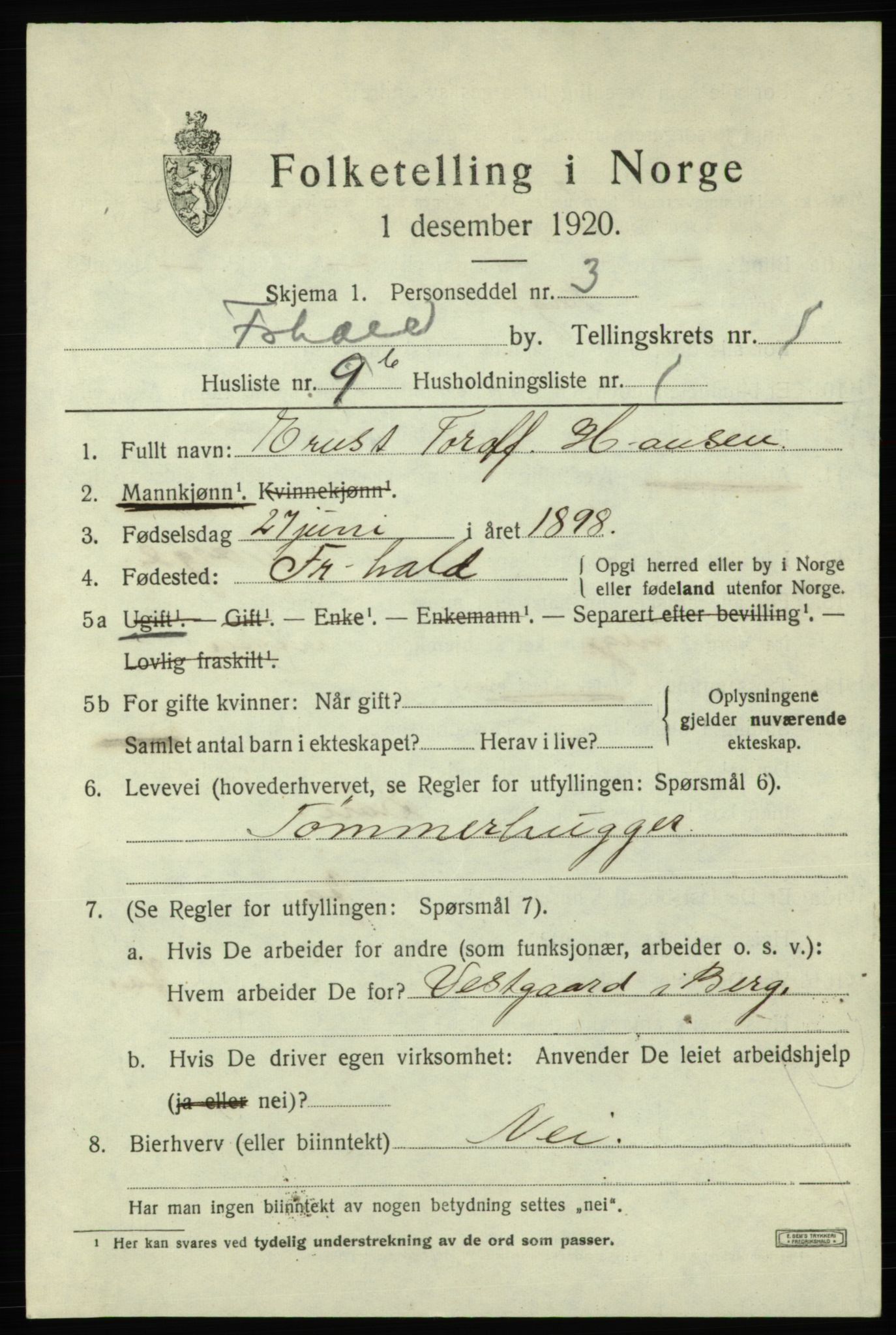 SAO, Folketelling 1920 for 0101 Fredrikshald kjøpstad, 1920, s. 8230