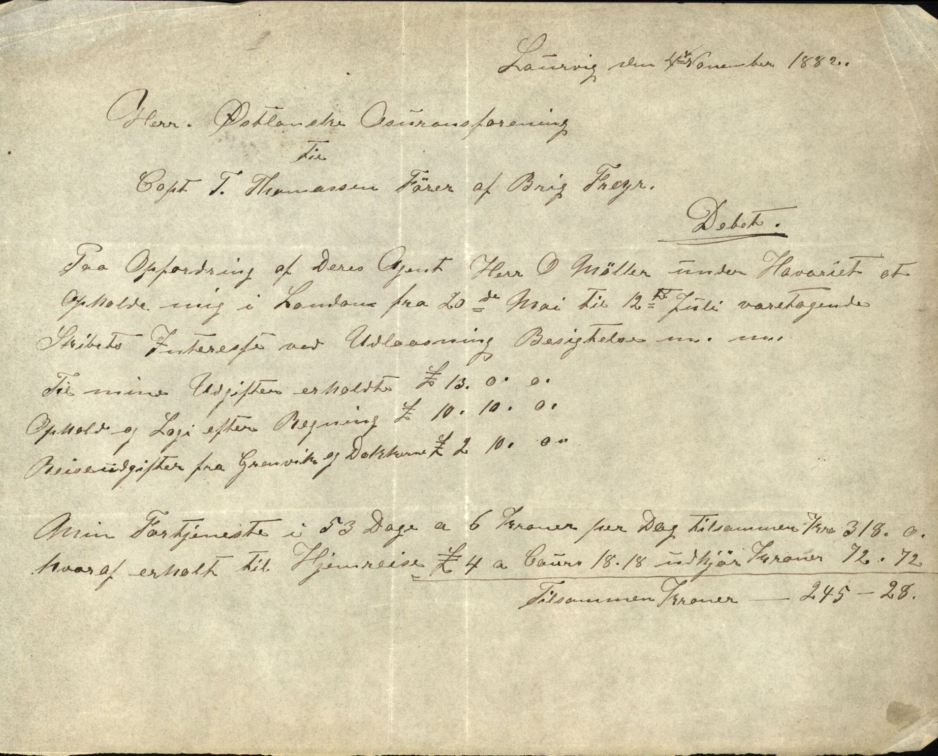 Pa 63 - Østlandske skibsassuranceforening, VEMU/A-1079/G/Ga/L0015/0010: Havaridokumenter / Cuba, Sirius, Freyr, Noatun, Frey, 1882, s. 53
