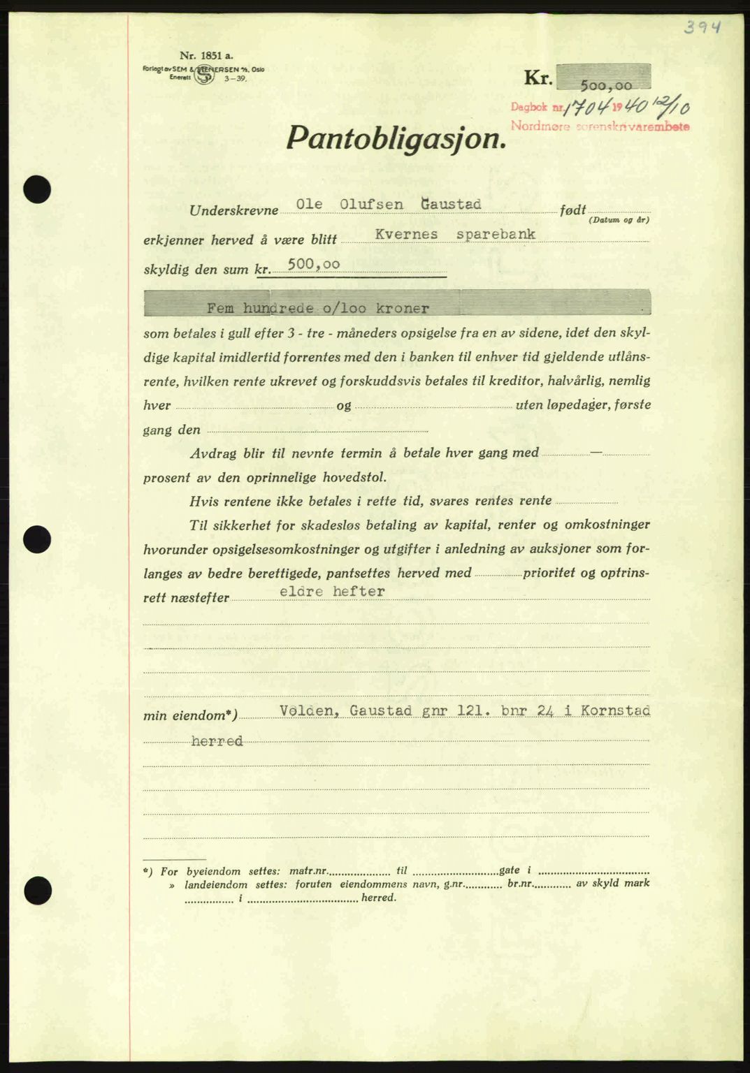 Nordmøre sorenskriveri, AV/SAT-A-4132/1/2/2Ca: Pantebok nr. B87, 1940-1941, Dagboknr: 1704/1940