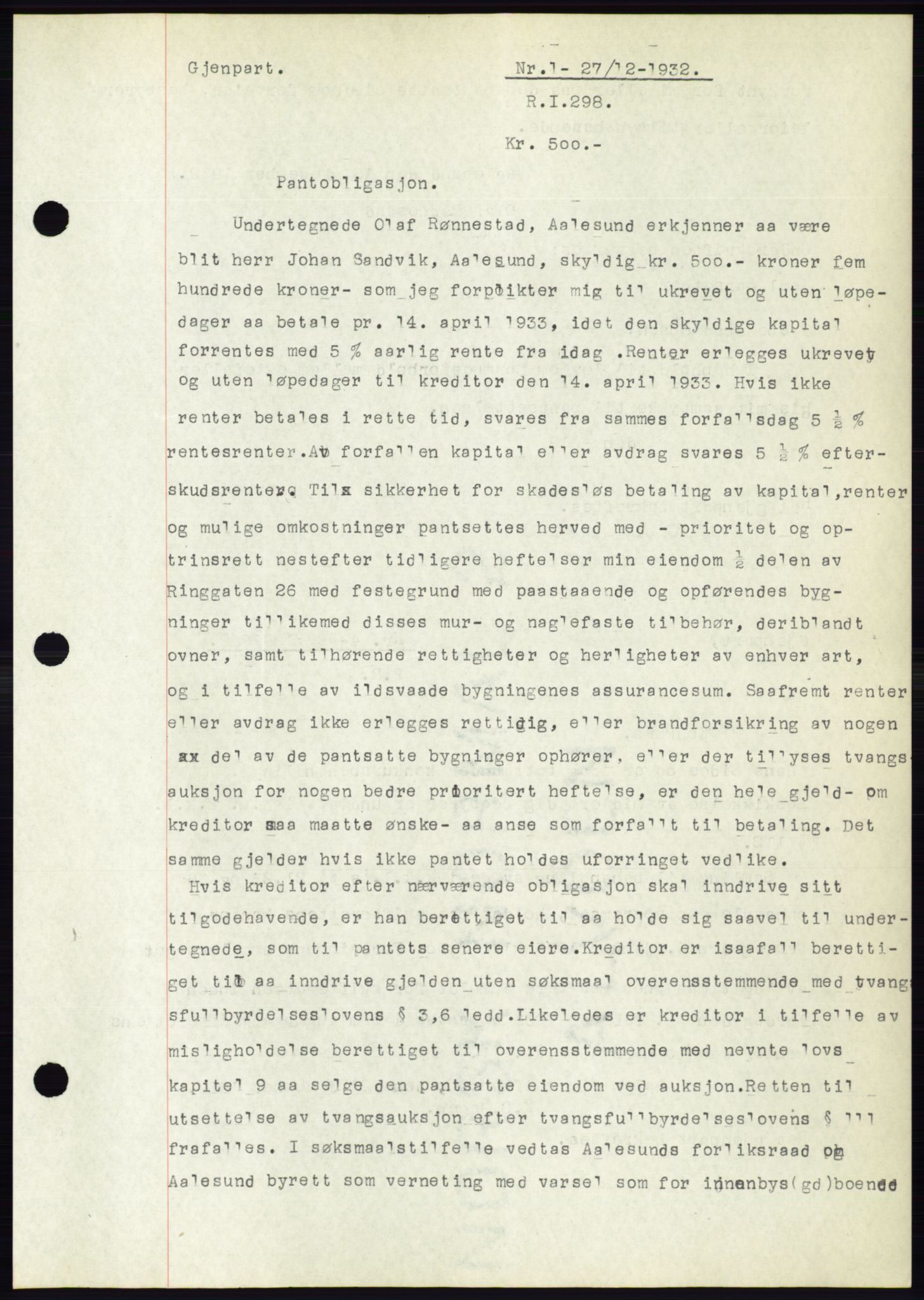 Ålesund byfogd, AV/SAT-A-4384: Pantebok nr. 30, 1932-1933, Tingl.dato: 27.12.1932
