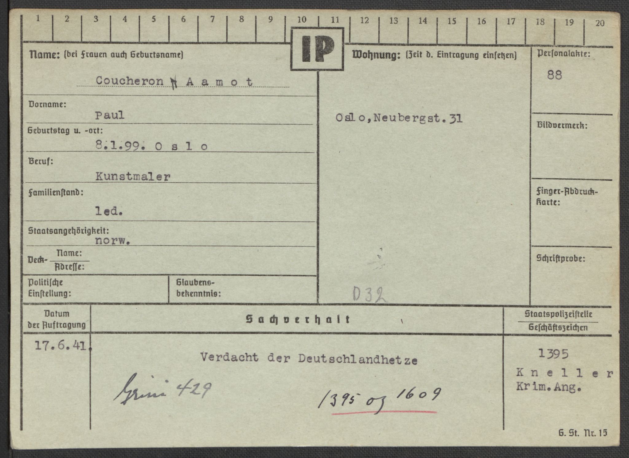 Befehlshaber der Sicherheitspolizei und des SD, AV/RA-RAFA-5969/E/Ea/Eaa/L0002: Register over norske fanger i Møllergata 19: Bj-Eng, 1940-1945, s. 843