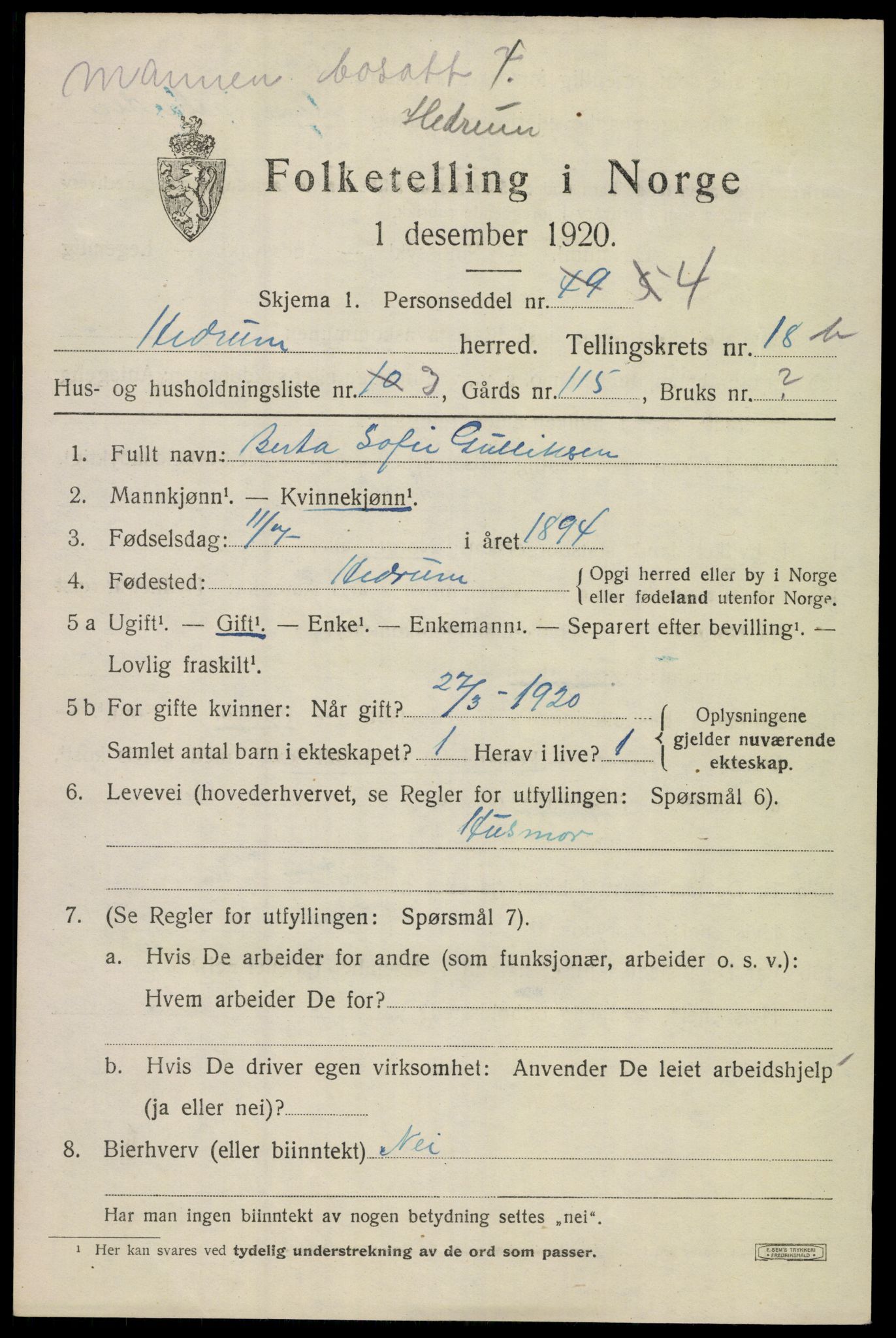 SAKO, Folketelling 1920 for 0727 Hedrum herred, 1920, s. 11035