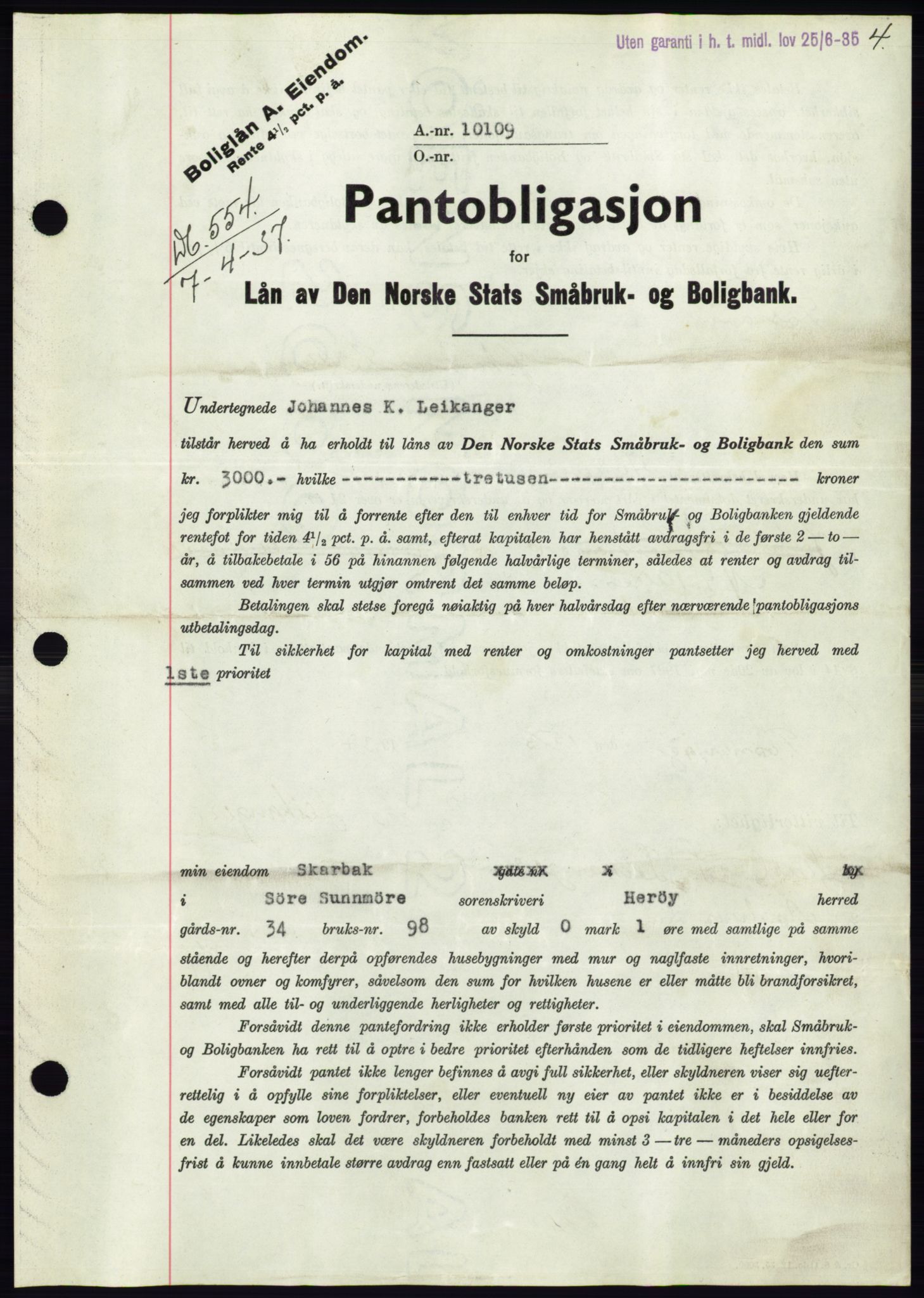 Søre Sunnmøre sorenskriveri, AV/SAT-A-4122/1/2/2C/L0063: Pantebok nr. 57, 1937-1937, Dagboknr: 554/1937