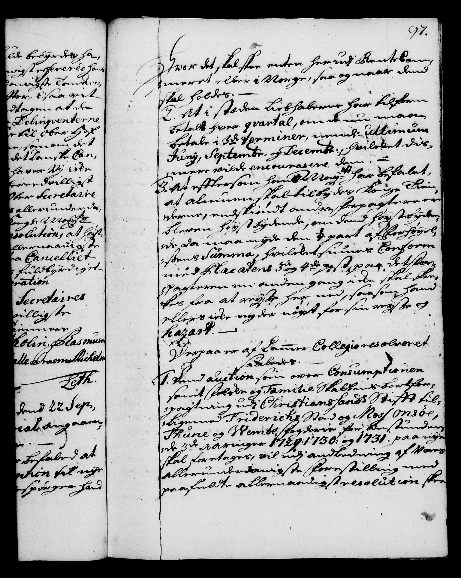 Rentekammeret, Kammerkanselliet, RA/EA-3111/G/Gg/Gga/L0003: Norsk ekspedisjonsprotokoll med register (merket RK 53.3), 1727-1734, s. 97
