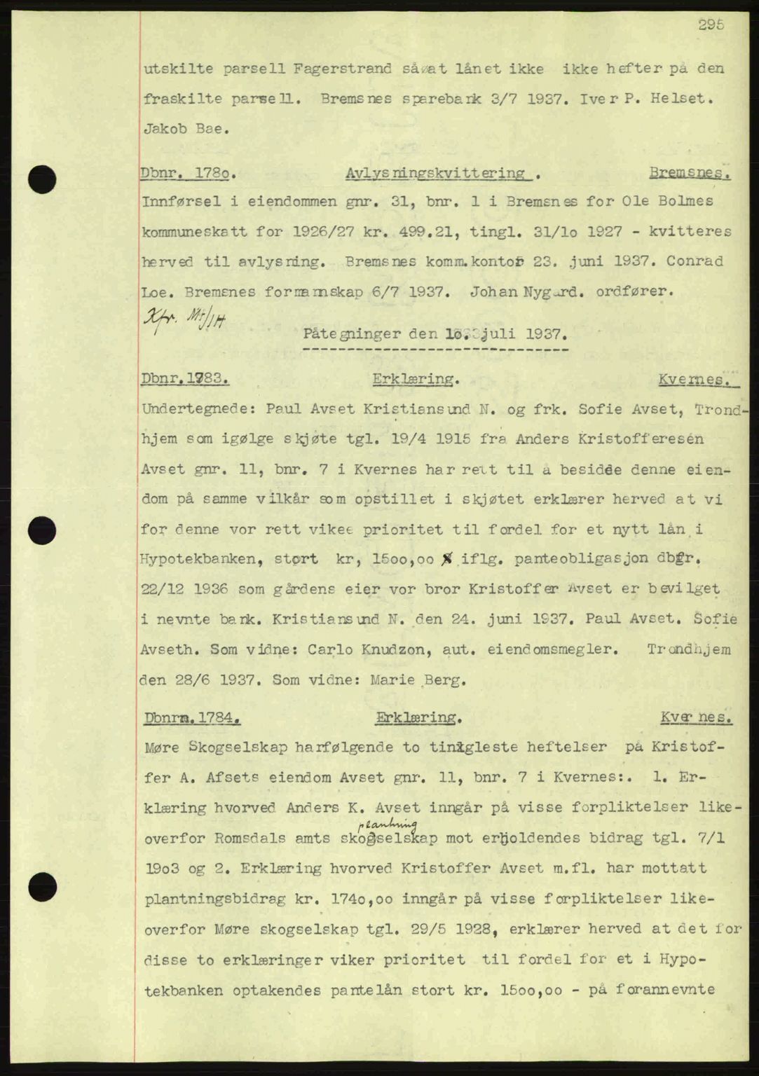 Nordmøre sorenskriveri, SAT/A-4132/1/2/2Ca: Pantebok nr. C80, 1936-1939, Dagboknr: 1780/1937