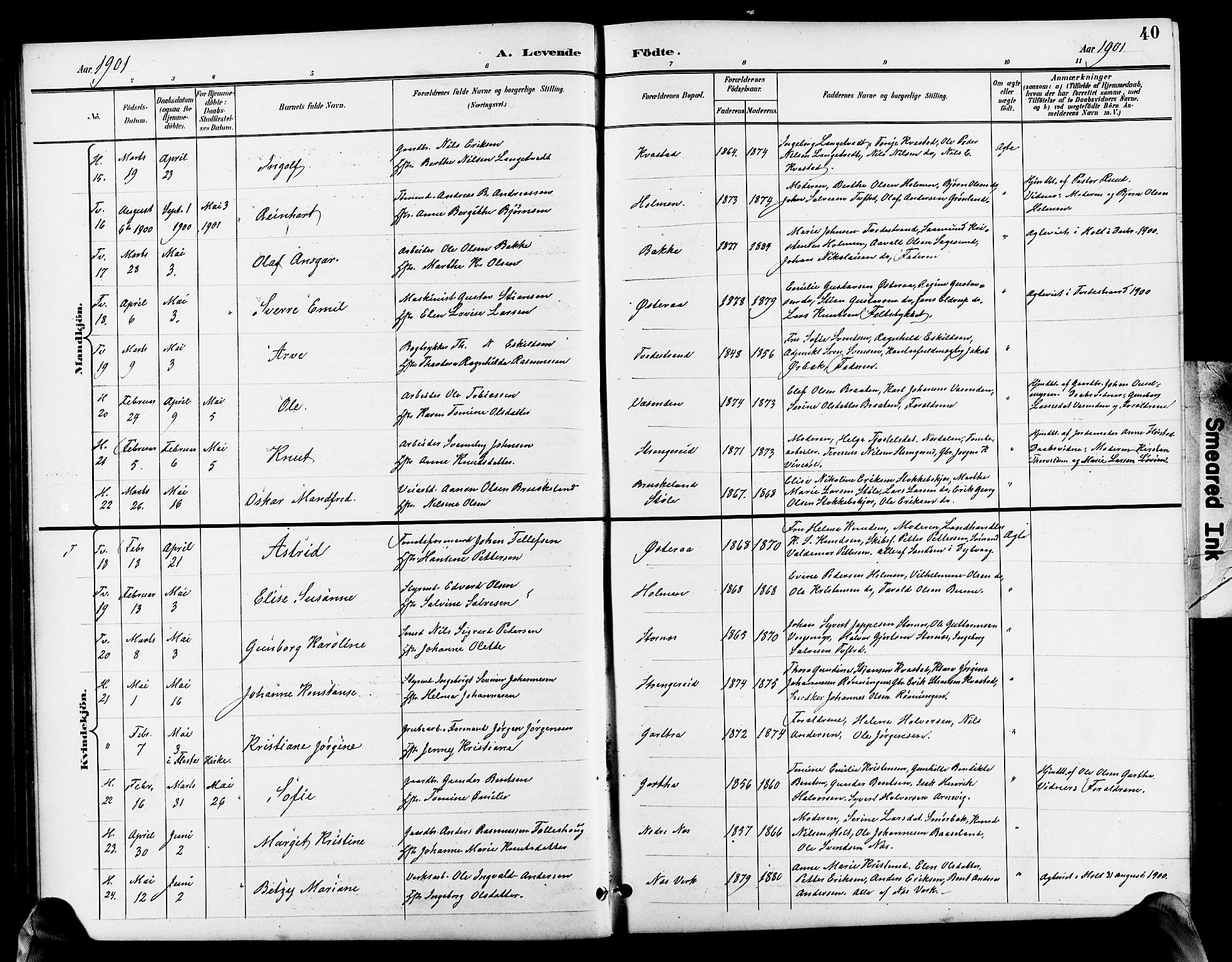 Holt sokneprestkontor, AV/SAK-1111-0021/F/Fb/L0011: Klokkerbok nr. B 11, 1897-1921, s. 40