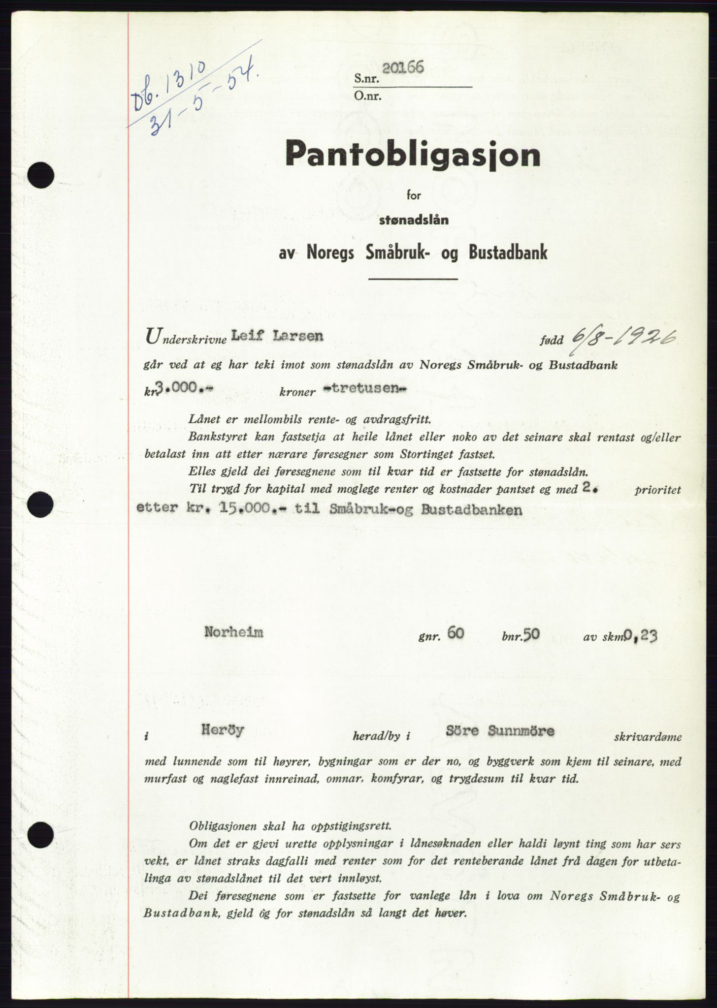 Søre Sunnmøre sorenskriveri, SAT/A-4122/1/2/2C/L0125: Pantebok nr. 13B, 1954-1954, Dagboknr: 1310/1954