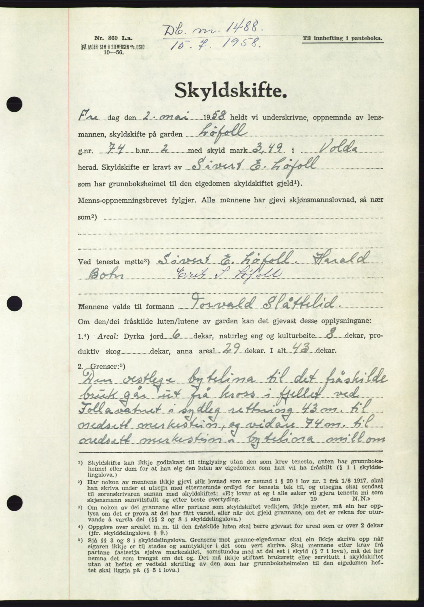 Søre Sunnmøre sorenskriveri, AV/SAT-A-4122/1/2/2C/L0110: Pantebok nr. 36A, 1958-1958, Dagboknr: 1488/1958