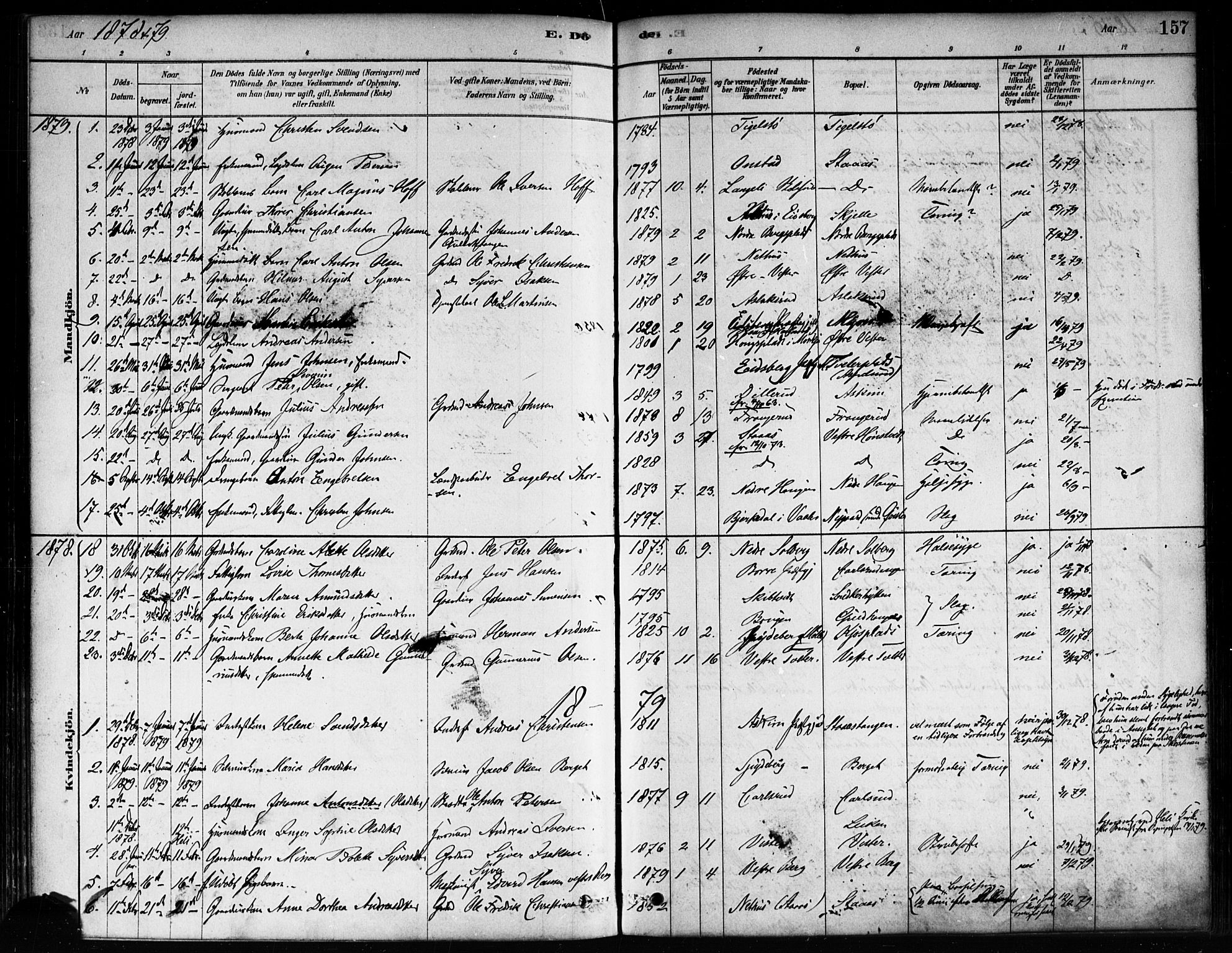 Skiptvet prestekontor Kirkebøker, AV/SAO-A-20009/F/Fa/L0009: Ministerialbok nr. 9, 1878-1900, s. 157
