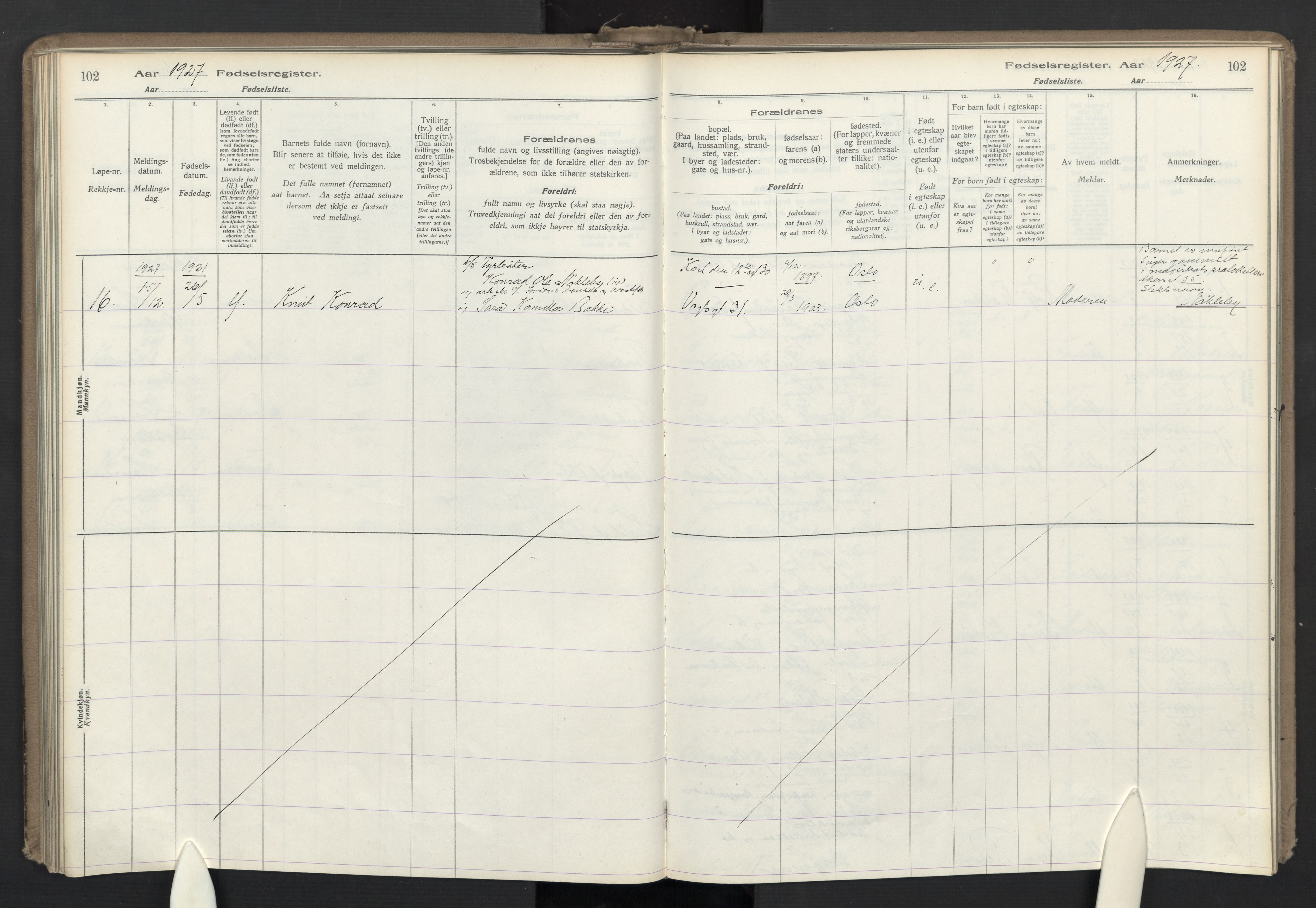 Lilleborg prestekontor Kirkebøker, AV/SAO-A-10343a/J/L0001: Fødselsregister nr. 1, 1917-1944, s. 102