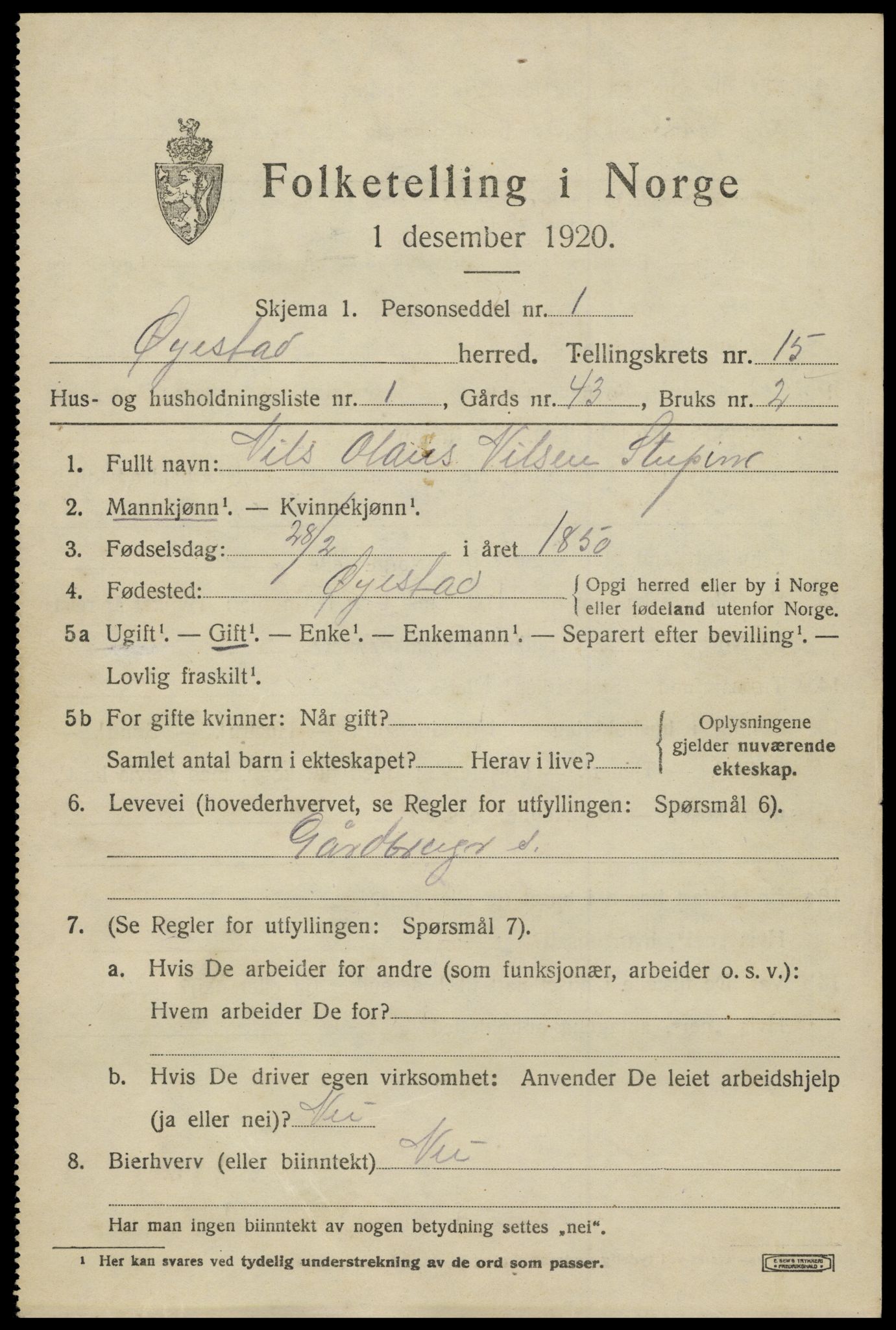 SAK, Folketelling 1920 for 0920 Øyestad herred, 1920, s. 10094