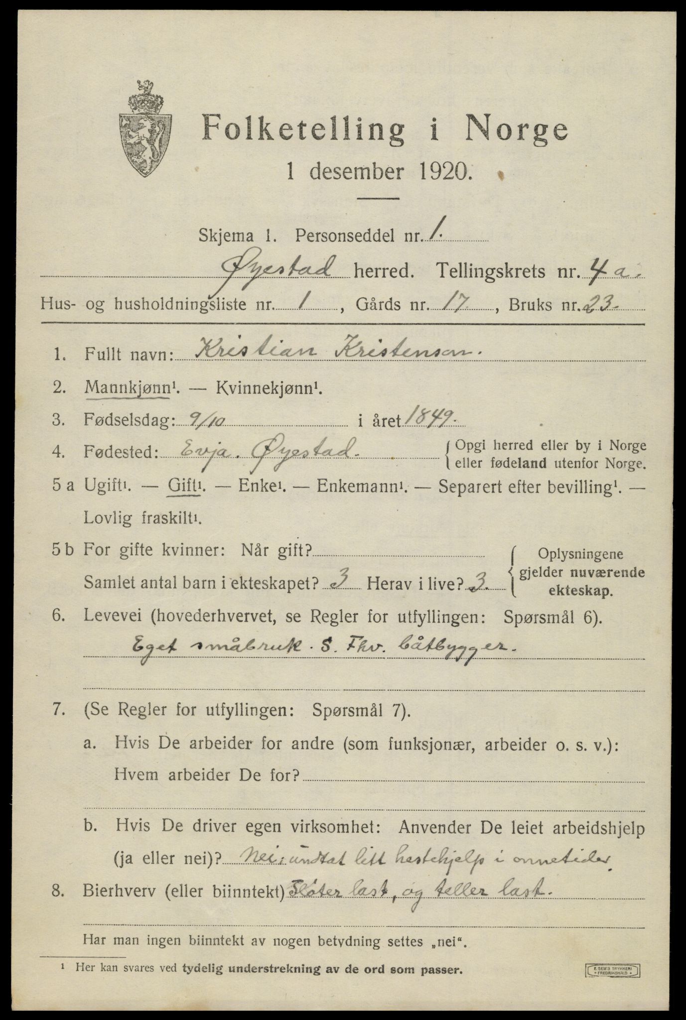 SAK, Folketelling 1920 for 0920 Øyestad herred, 1920, s. 3166