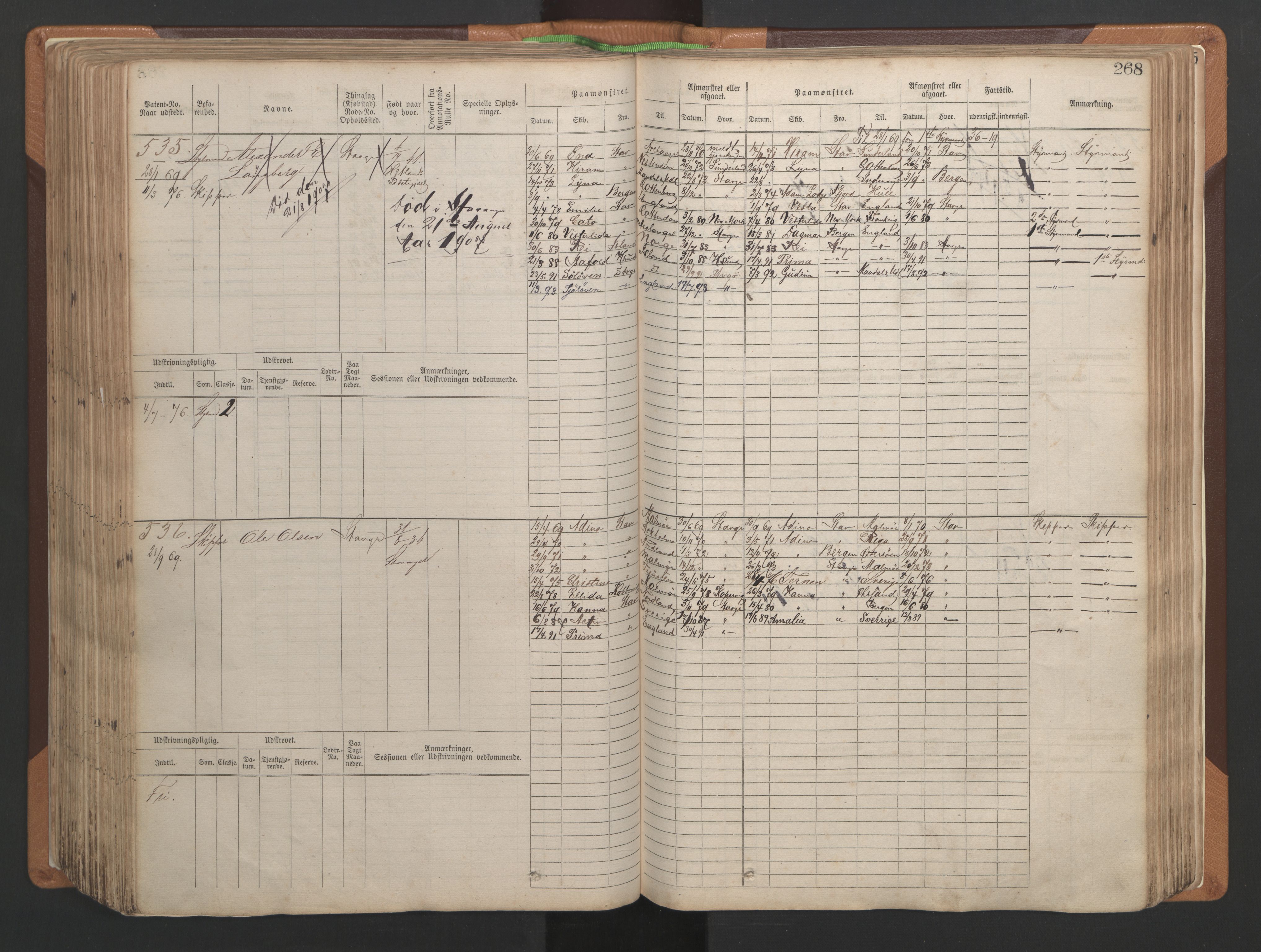 Stavanger sjømannskontor, AV/SAST-A-102006/F/Fb/Fbb/L0004: Sjøfartshovedrulle, patentnr. 1-792 (del 1), 1869-1880, s. 274