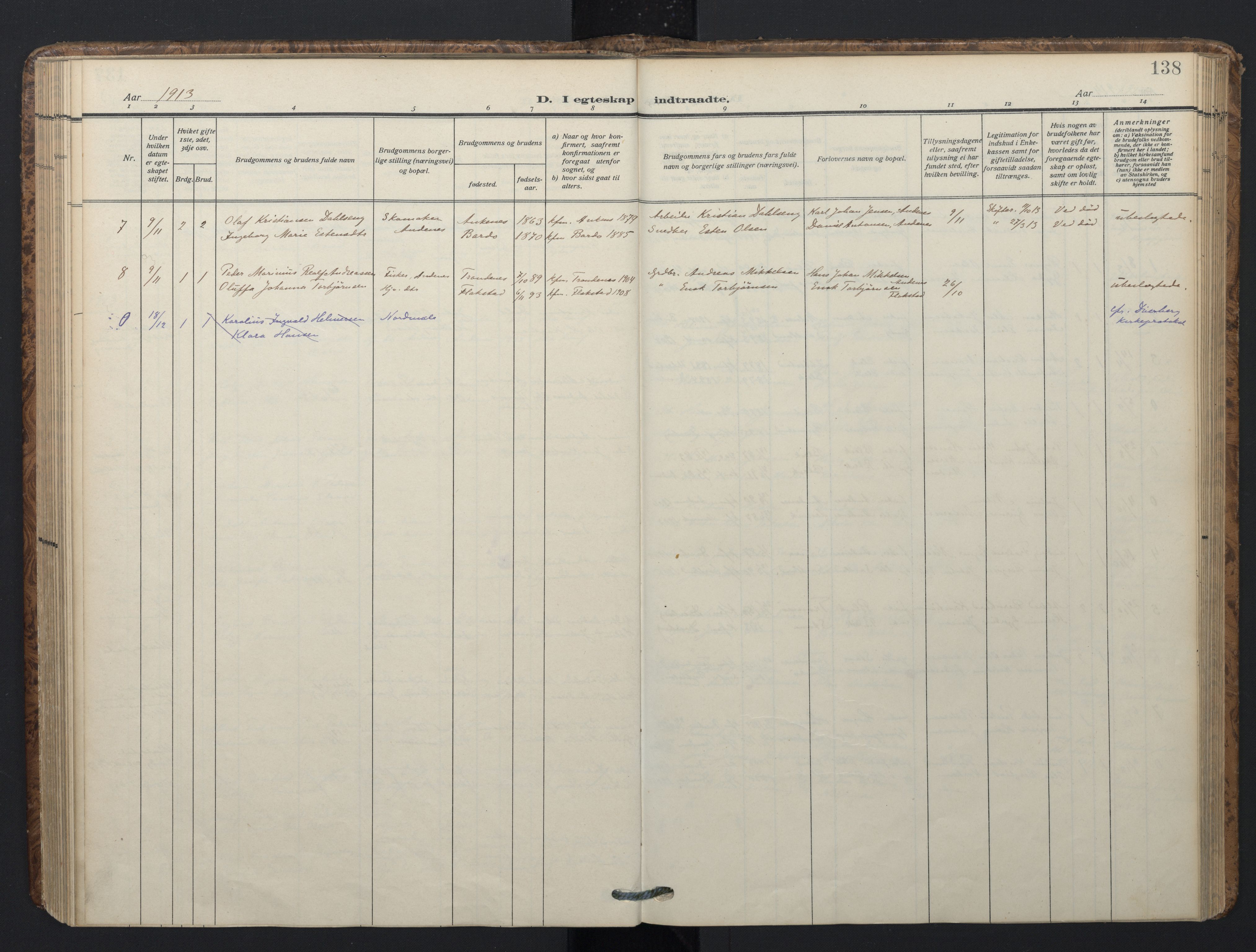 Ministerialprotokoller, klokkerbøker og fødselsregistre - Nordland, AV/SAT-A-1459/899/L1438: Ministerialbok nr. 899A06, 1909-1922, s. 138