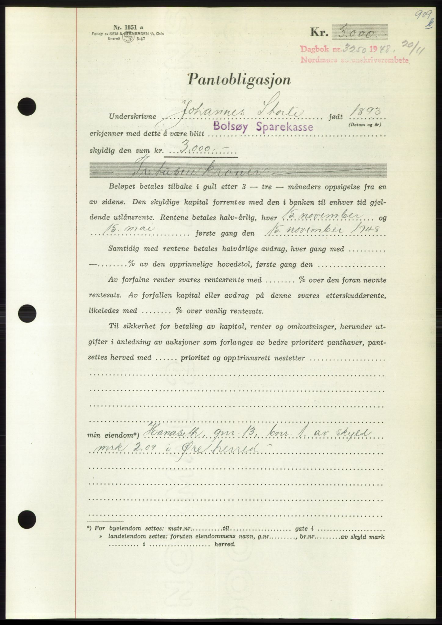 Nordmøre sorenskriveri, AV/SAT-A-4132/1/2/2Ca: Pantebok nr. B100, 1948-1949, Dagboknr: 3250/1948