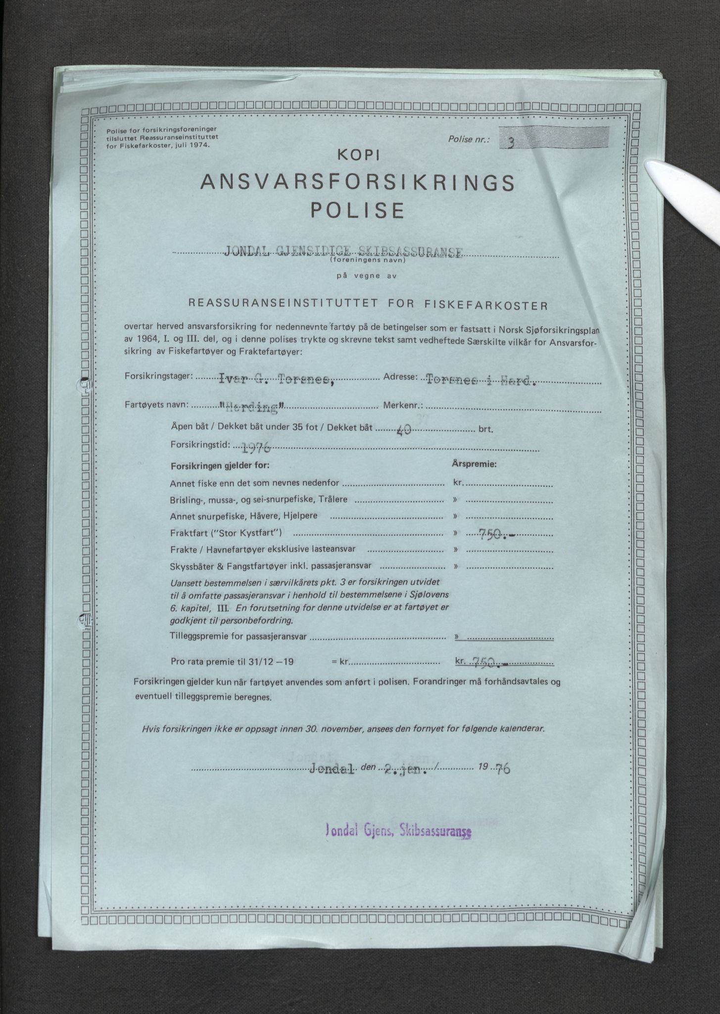 Jondal Skipsassuranseforening, SAB/SAB/PA-0276/E/L0002: Ansvarstrygd, 1869-1977