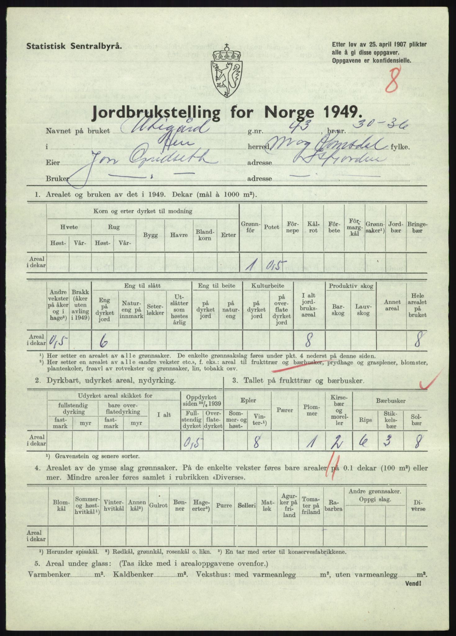 Statistisk sentralbyrå, Næringsøkonomiske emner, Jordbruk, skogbruk, jakt, fiske og fangst, AV/RA-S-2234/G/Gc/L0323: Møre og Romsdal: Grytten og Hen, 1949, s. 543