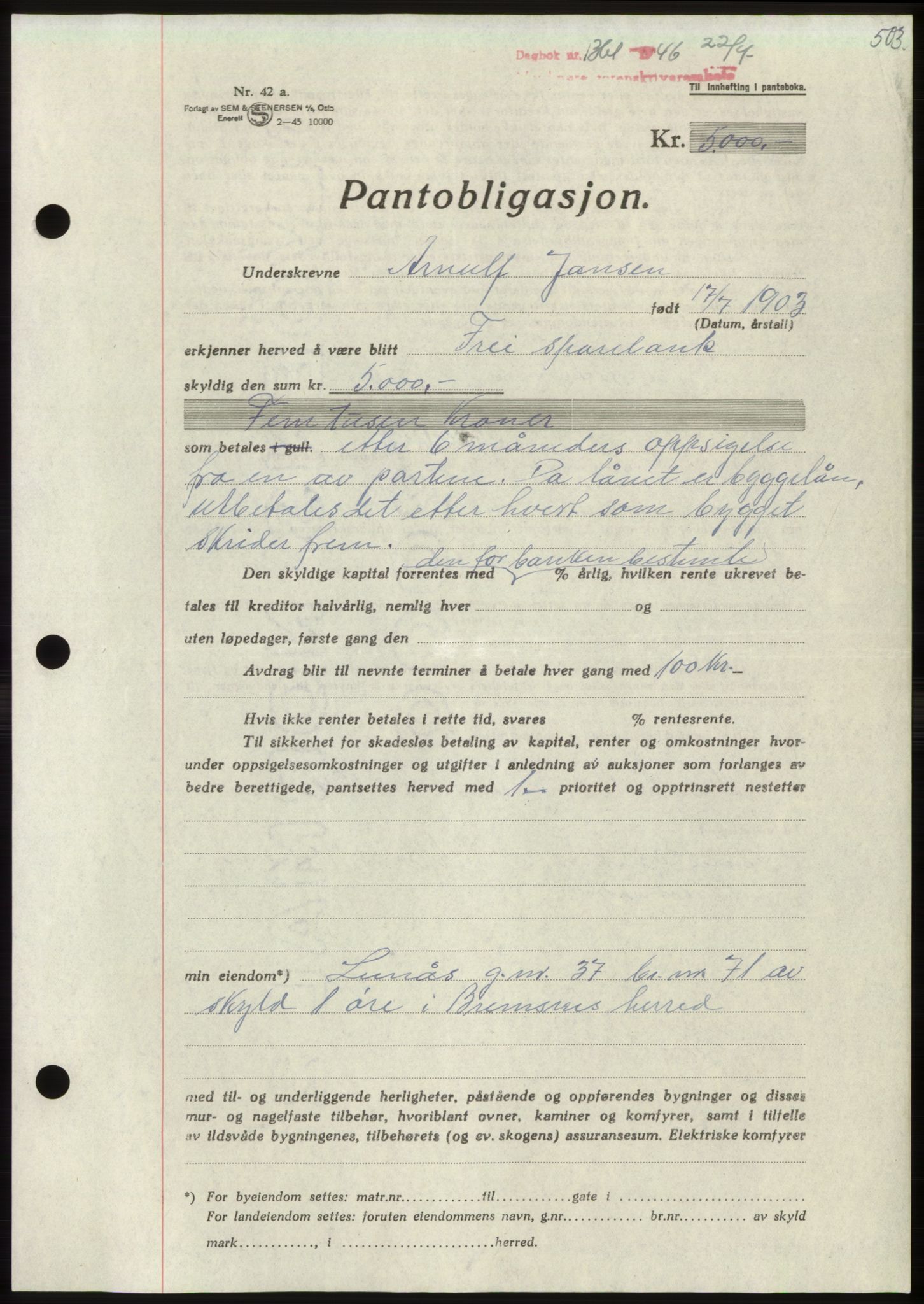 Nordmøre sorenskriveri, SAT/A-4132/1/2/2Ca: Pantebok nr. B94, 1946-1946, Dagboknr: 1361/1946