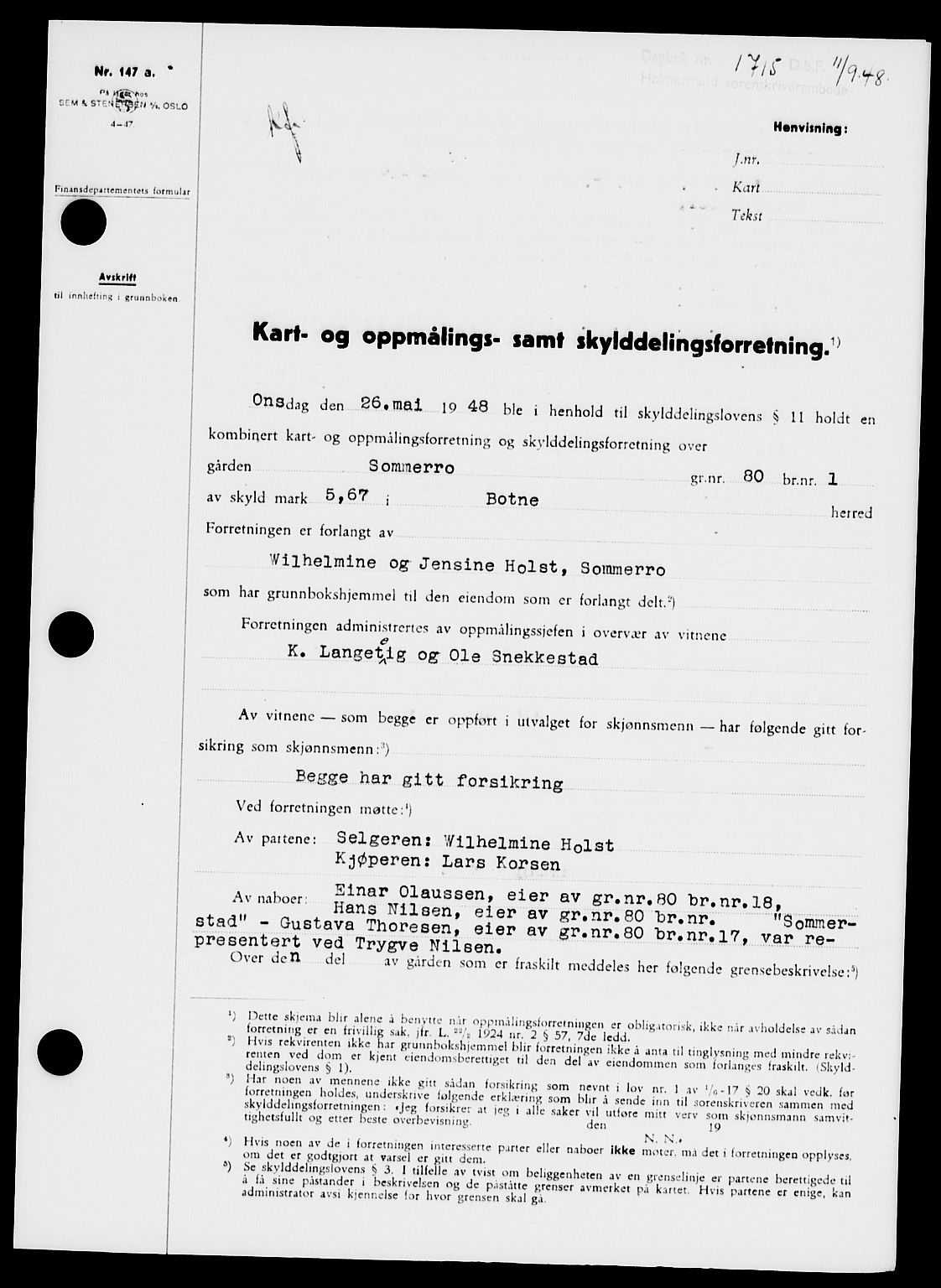 Holmestrand sorenskriveri, SAKO/A-67/G/Ga/Gaa/L0064: Pantebok nr. A-64, 1948-1948, Dagboknr: 1715/1948