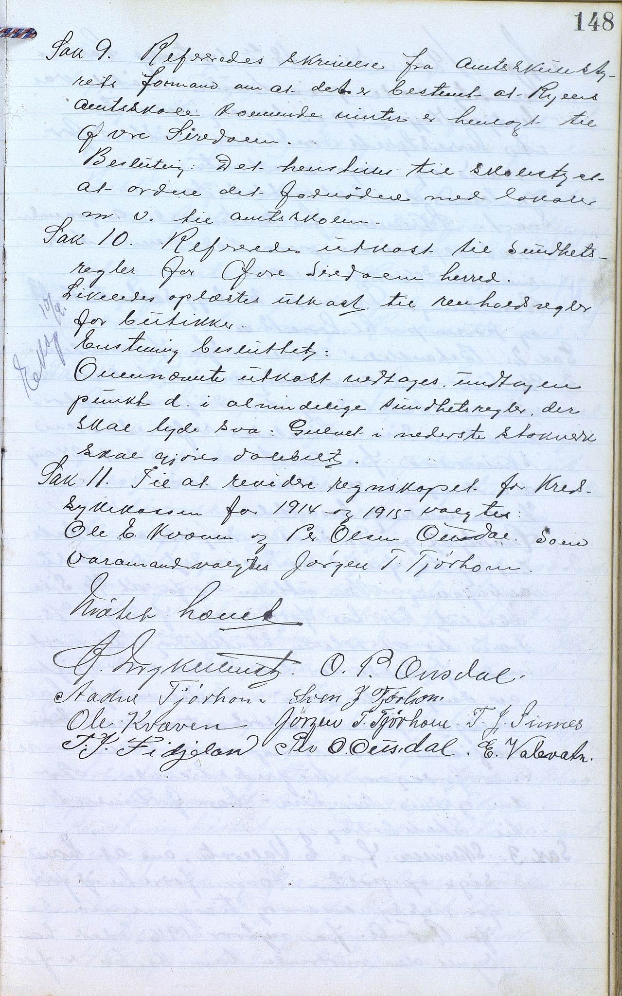 Øvre Sirdal kommune - Formannskapet/Kommunestyret, ARKSOR/1046ØS120/A/L0001: Møtebok (d), 1905-1917, s. 148