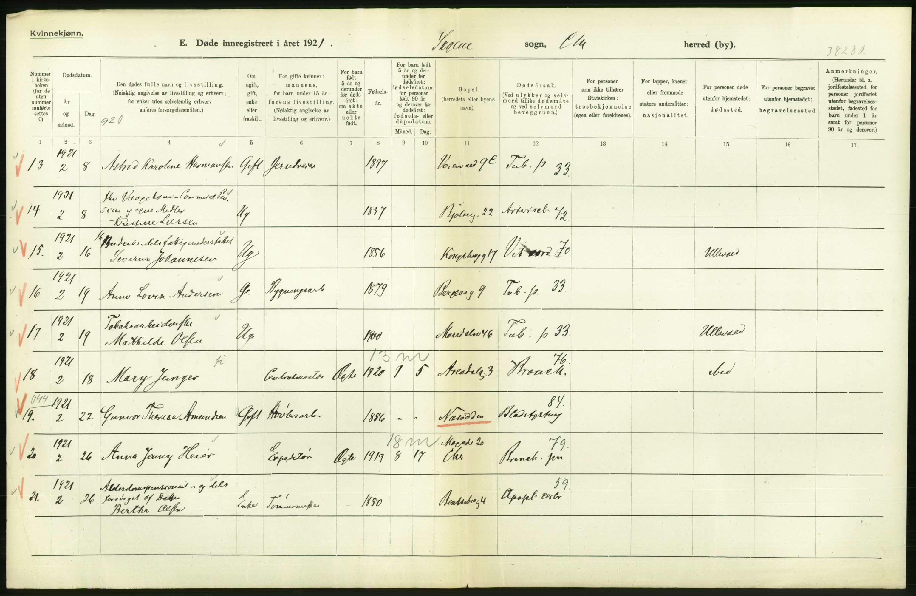 Statistisk sentralbyrå, Sosiodemografiske emner, Befolkning, AV/RA-S-2228/D/Df/Dfc/Dfca/L0013: Kristiania: Døde, dødfødte, 1921, s. 44