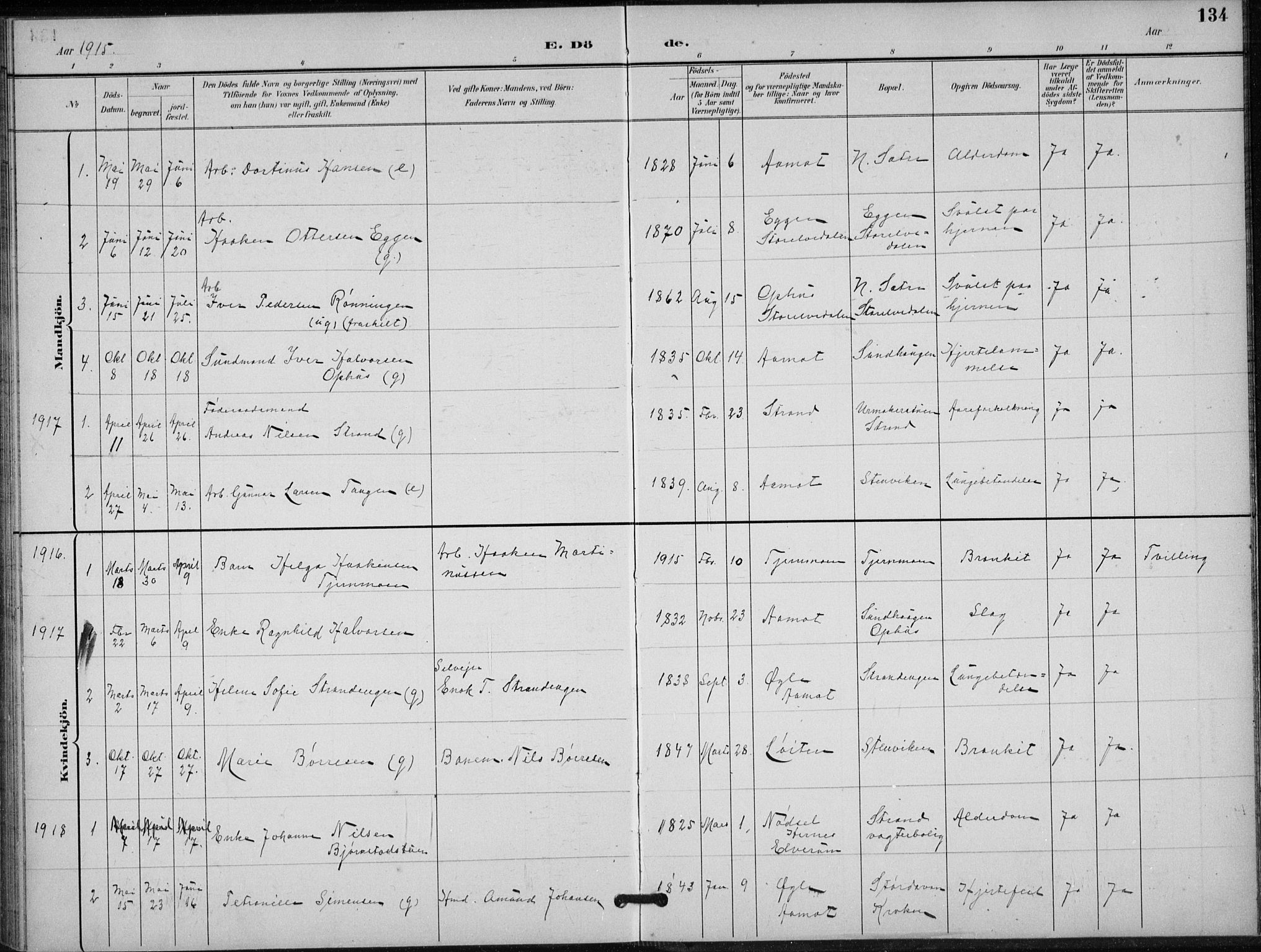 Stor-Elvdal prestekontor, SAH/PREST-052/H/Ha/Hab/L0004: Klokkerbok nr. 4, 1895-1938, s. 134