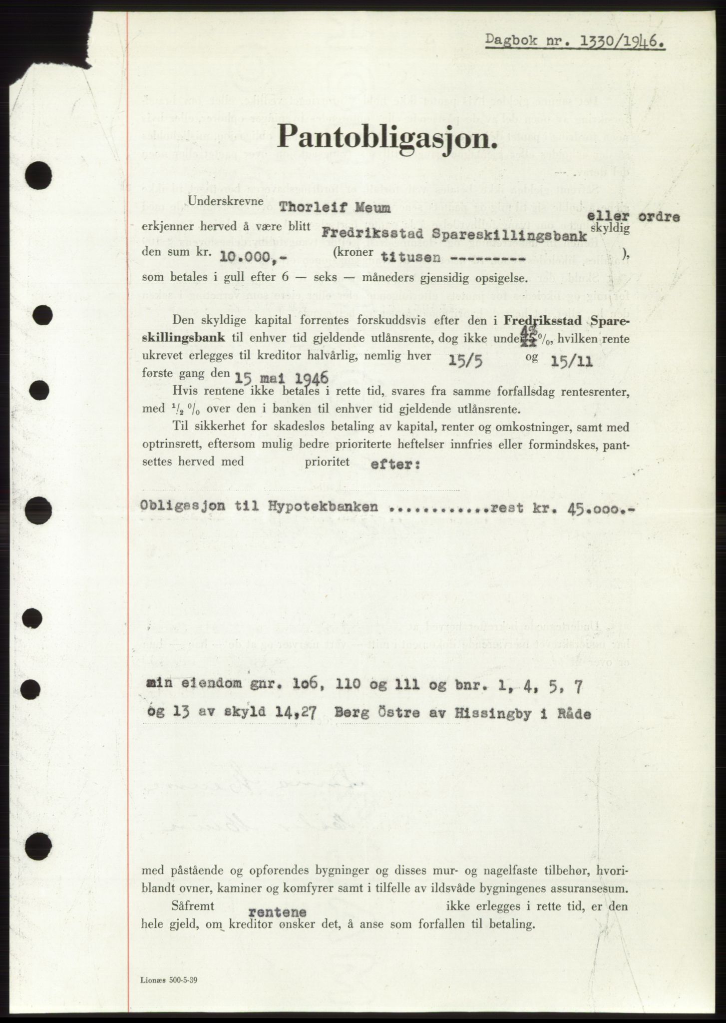 Moss sorenskriveri, SAO/A-10168: Pantebok nr. B15, 1946-1946, Dagboknr: 1330/1946