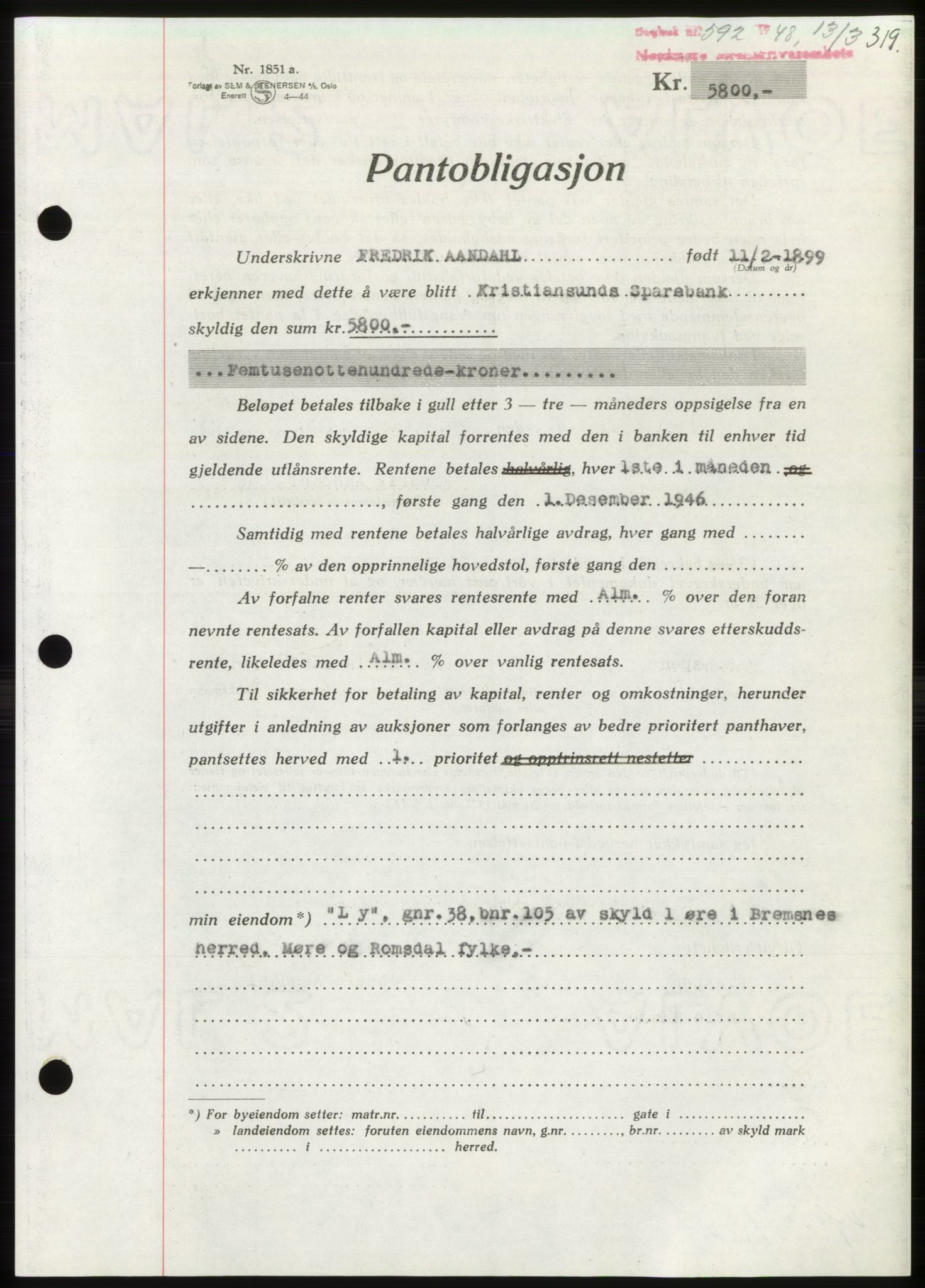 Nordmøre sorenskriveri, SAT/A-4132/1/2/2Ca: Pantebok nr. B98, 1948-1948, Dagboknr: 592/1948