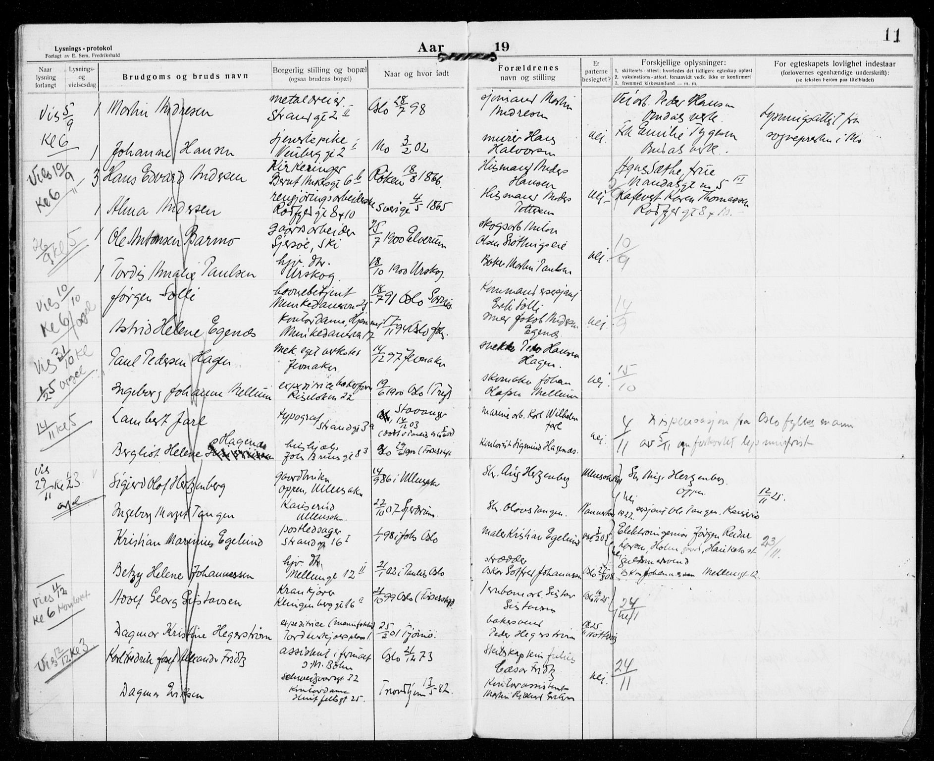 Piperviken prestekontor Kirkebøker, AV/SAO-A-10874/H/L0002: Lysningsprotokoll nr. 2, 1922-1942, s. 11