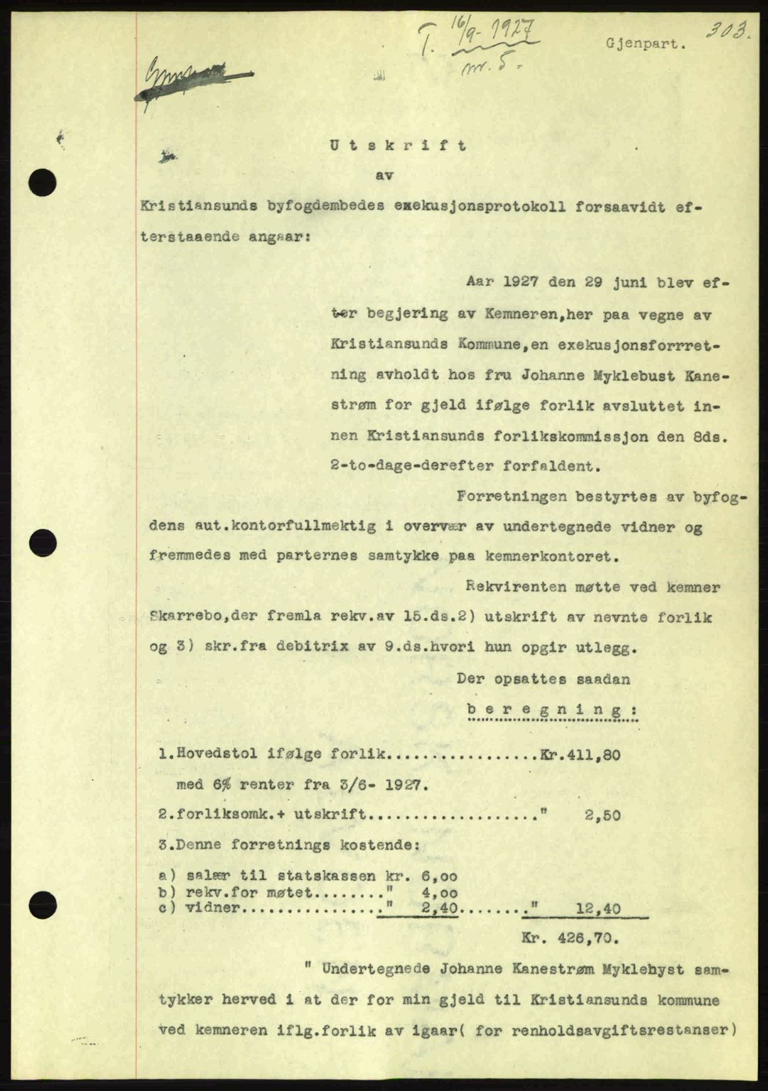 Kristiansund byfogd, AV/SAT-A-4587/A/27: Pantebok nr. 21, 1926-1928, Tingl.dato: 16.09.1927