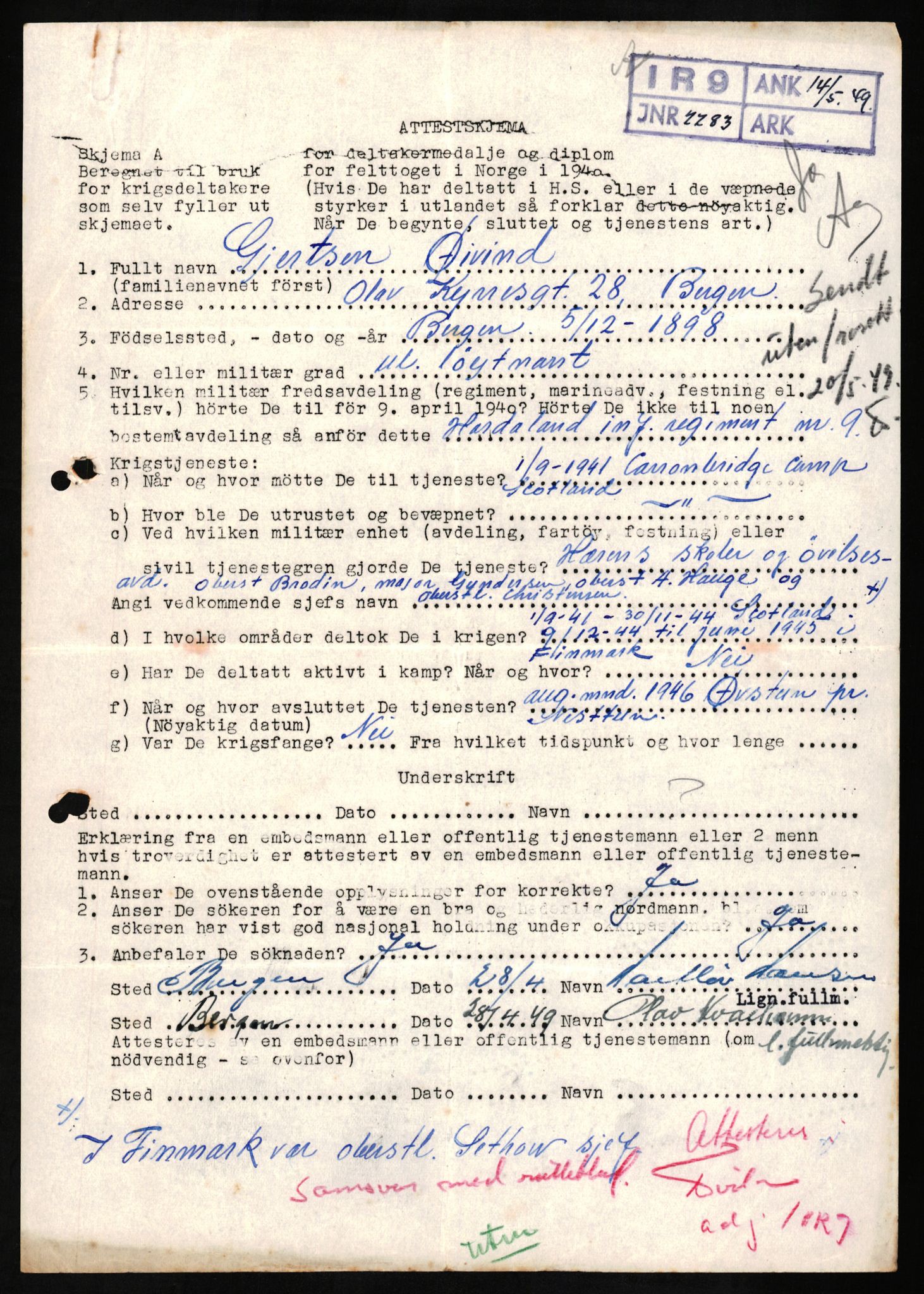 Forsvaret, Hordaland infanteriregiment nr. 9, RA/RAFA-4474/D/Da/L0118: Deltakermedalje for "Felttoget i Norge 1940" Alfabetisk: A - N, 1946-1948, s. 522