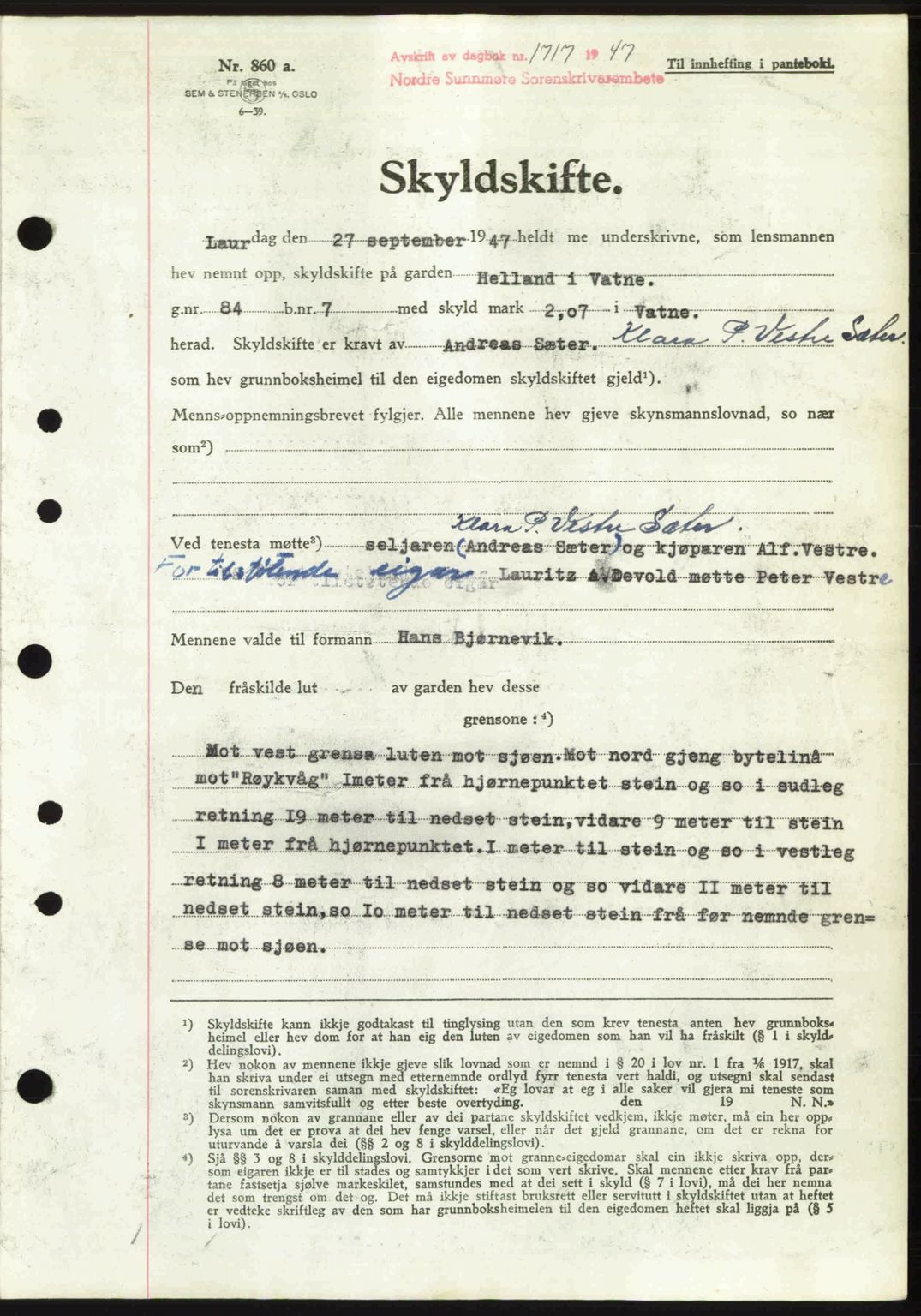 Nordre Sunnmøre sorenskriveri, AV/SAT-A-0006/1/2/2C/2Ca: Pantebok nr. A25, 1947-1947, Dagboknr: 1717/1947