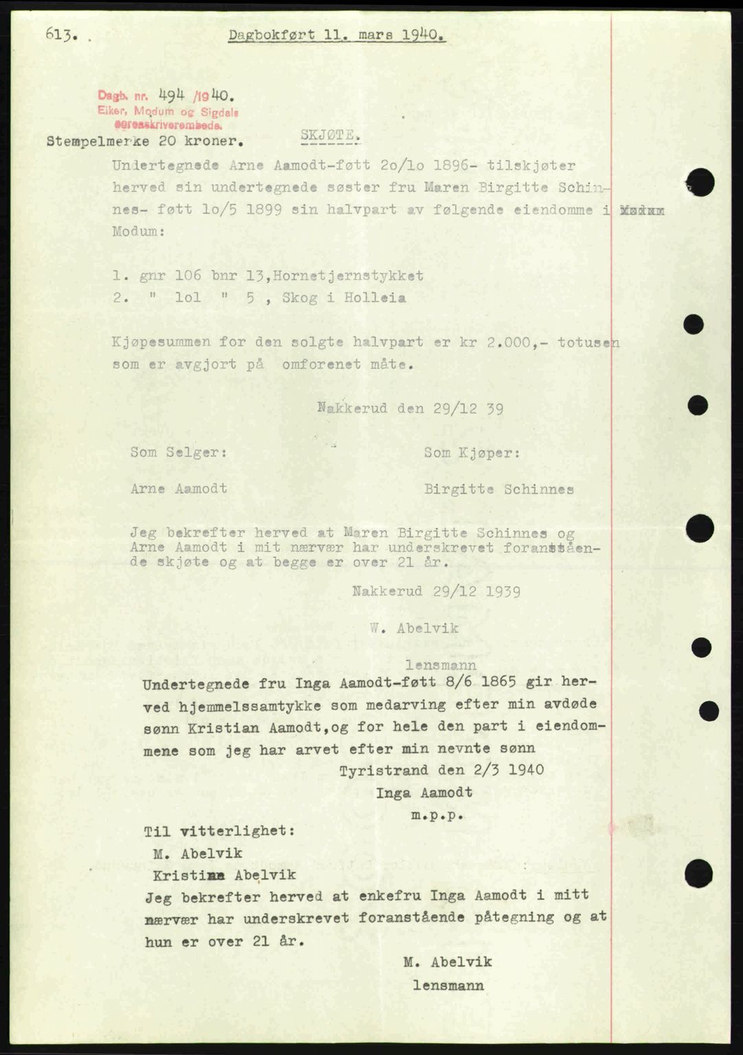 Eiker, Modum og Sigdal sorenskriveri, SAKO/A-123/G/Ga/Gab/L0041: Pantebok nr. A11, 1939-1940, Dagboknr: 494/1940