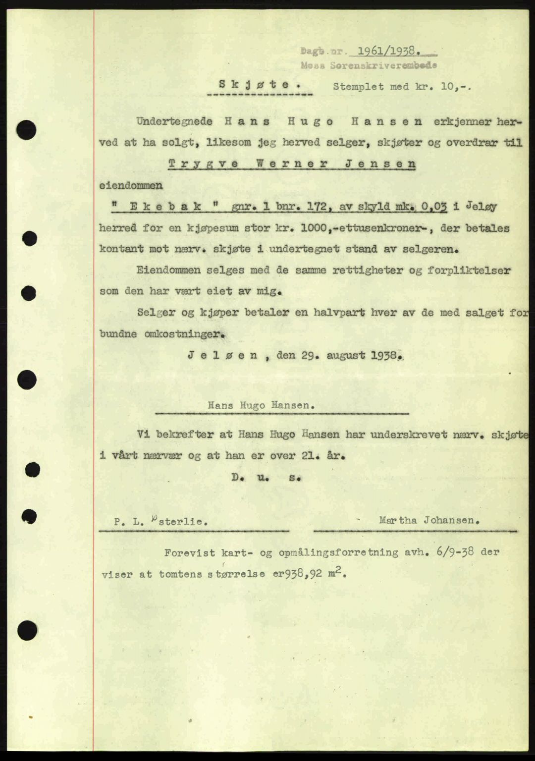 Moss sorenskriveri, SAO/A-10168: Pantebok nr. A4, 1938-1938, Dagboknr: 1961/1938