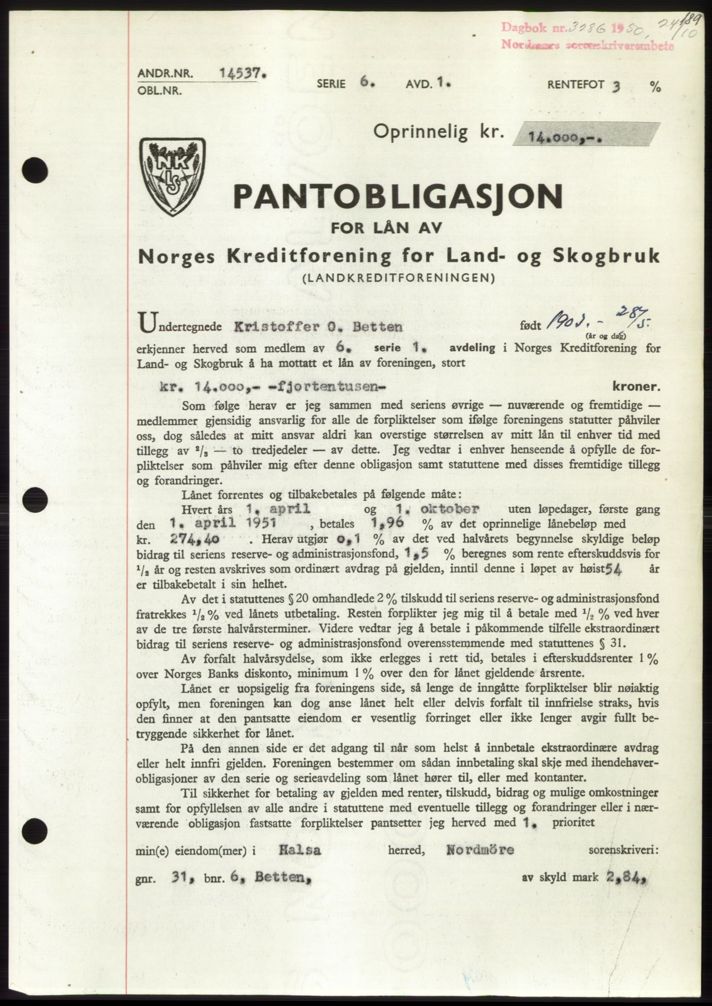 Nordmøre sorenskriveri, SAT/A-4132/1/2/2Ca: Pantebok nr. B106, 1950-1950, Dagboknr: 3286/1950