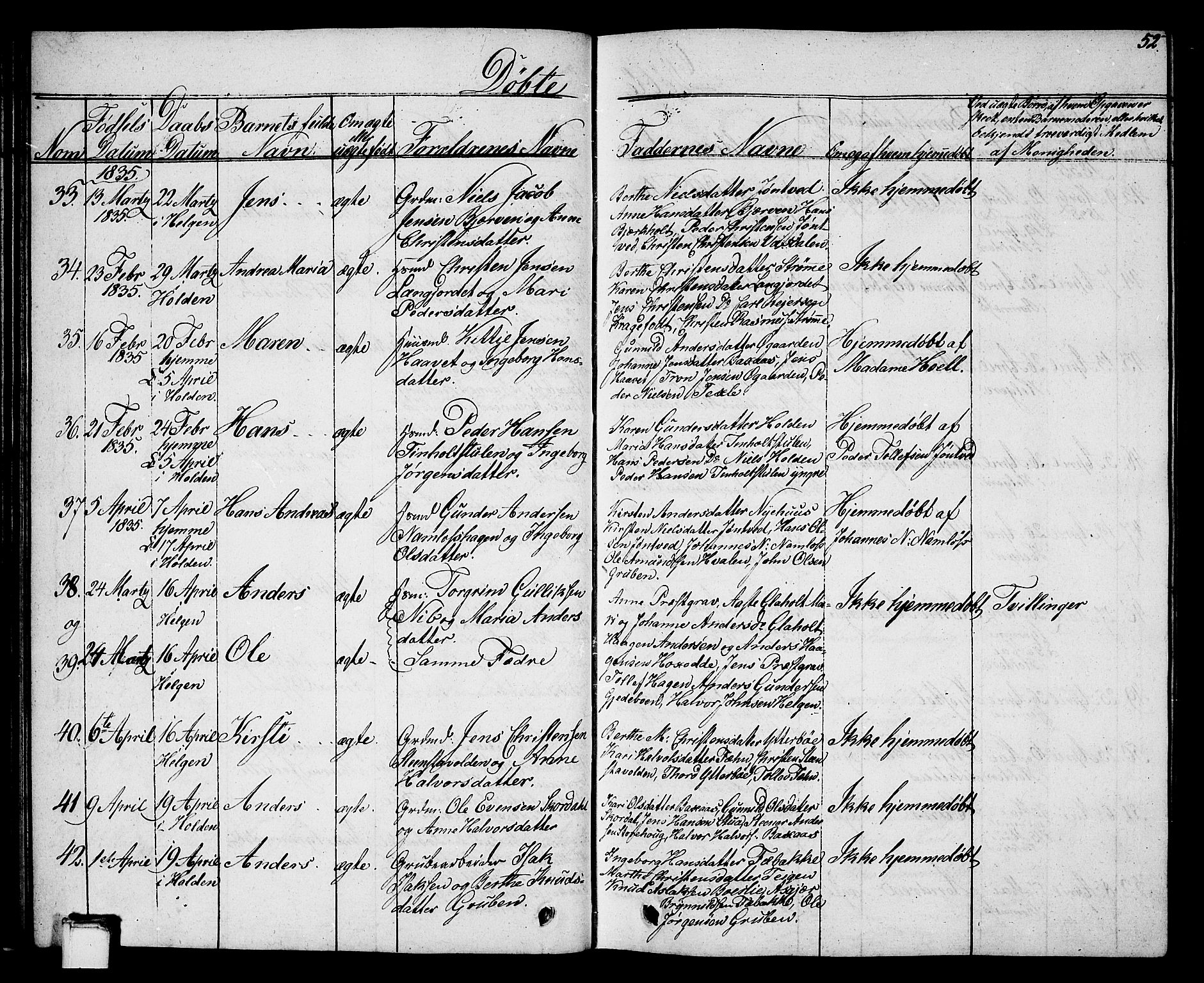 Holla kirkebøker, AV/SAKO-A-272/G/Ga/L0002: Klokkerbok nr. I 2, 1830-1848, s. 52