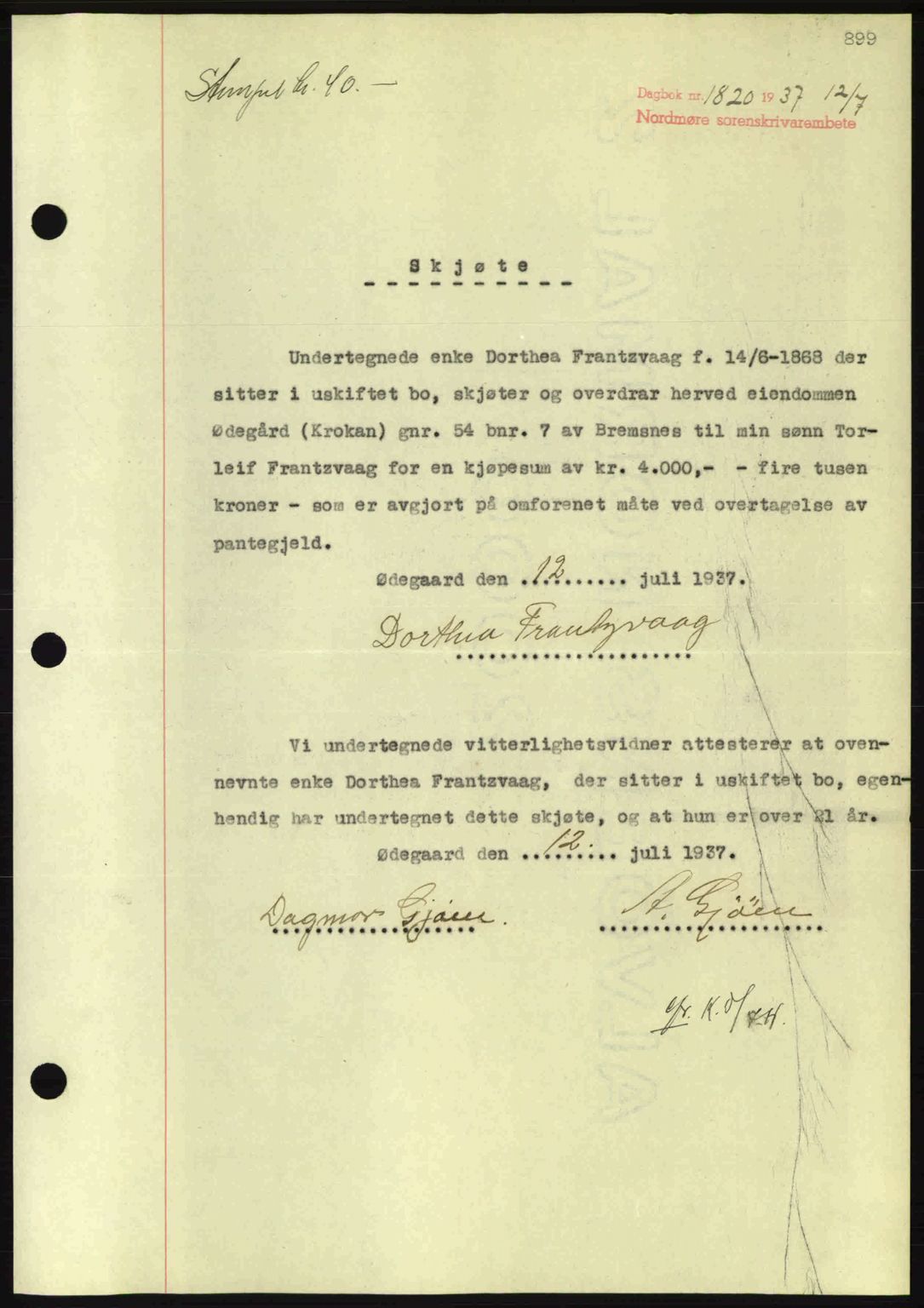 Nordmøre sorenskriveri, SAT/A-4132/1/2/2Ca: Pantebok nr. A81, 1937-1937, Dagboknr: 1820/1937