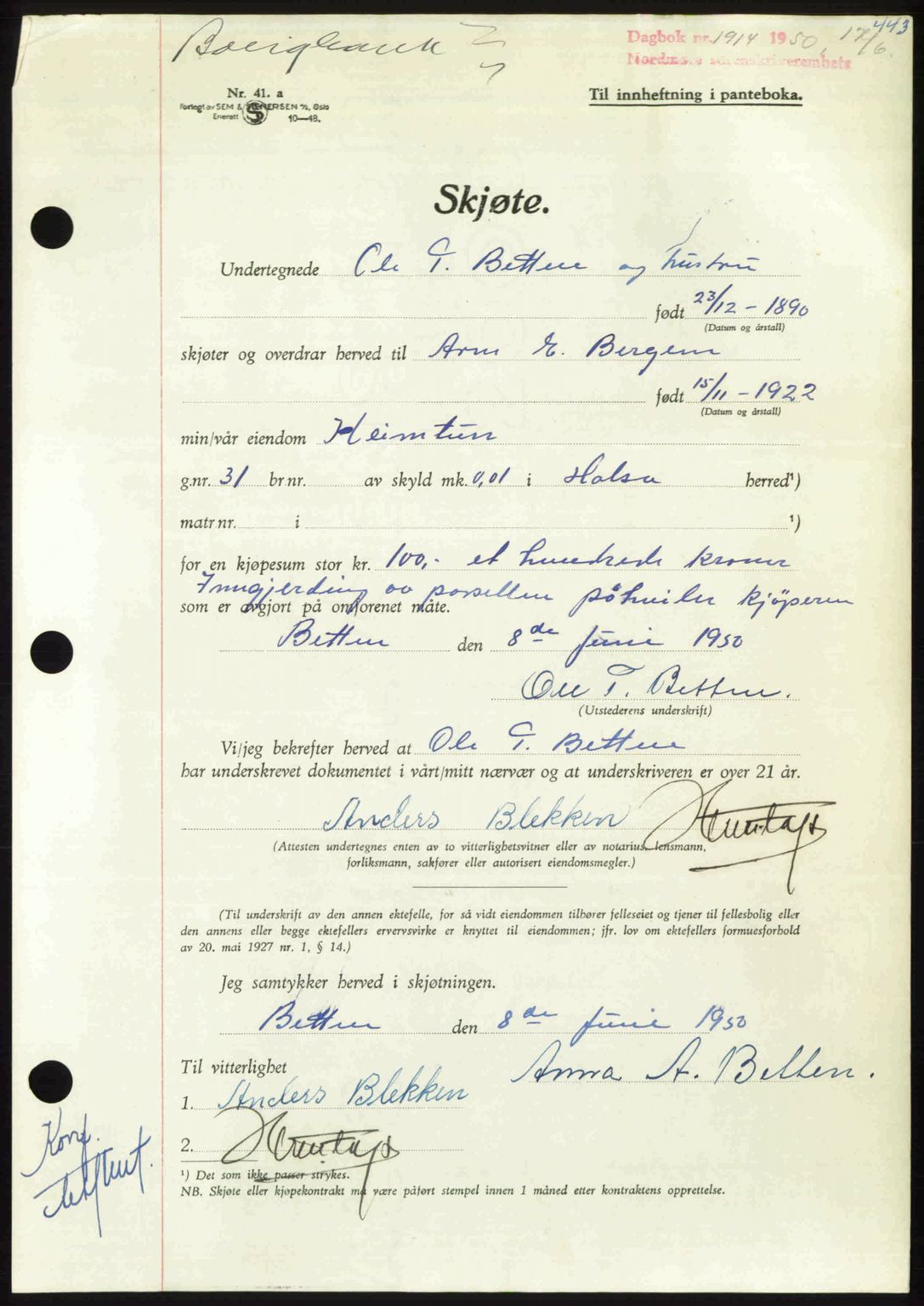 Nordmøre sorenskriveri, AV/SAT-A-4132/1/2/2Ca: Pantebok nr. A115, 1950-1950, Dagboknr: 1914/1950