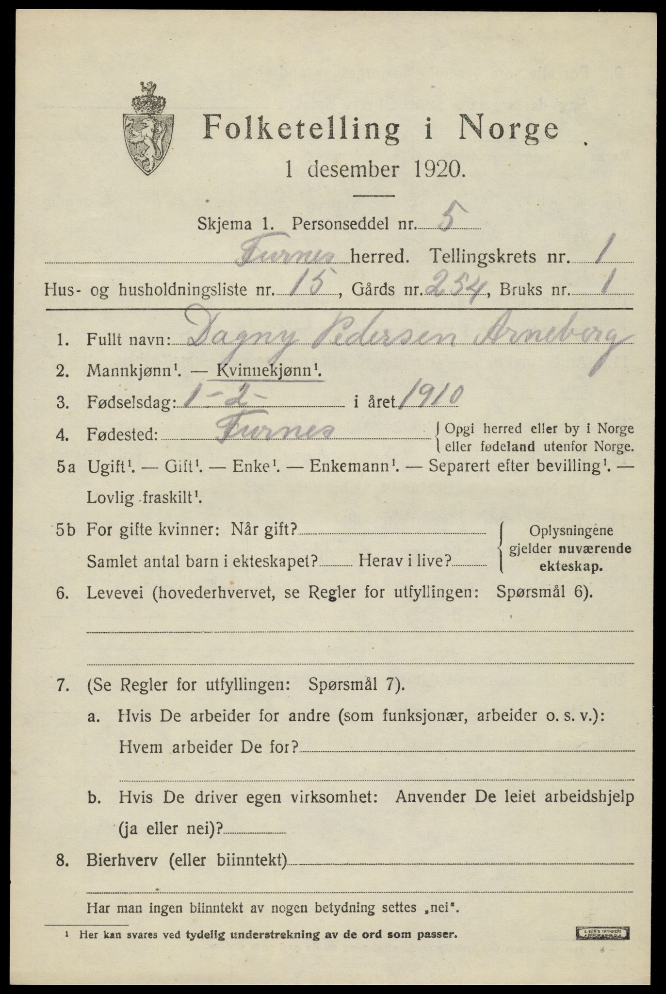 SAH, Folketelling 1920 for 0413 Furnes herred, 1920, s. 1817