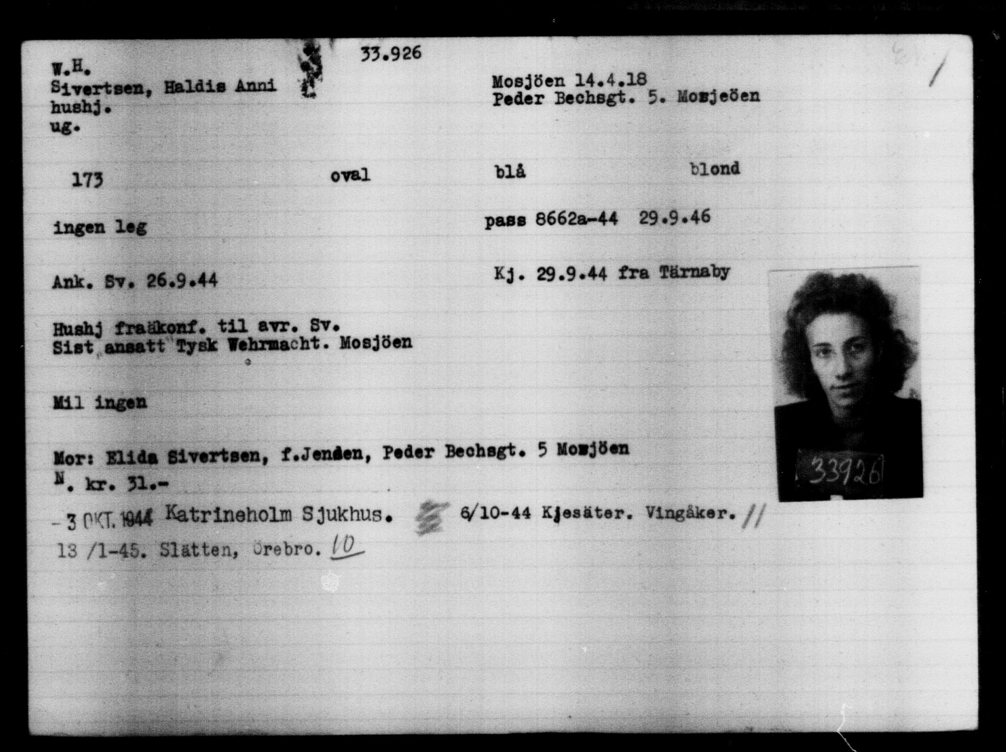 Utenriksstasjonene, Legasjonen i Stockholm, Flyktningkontoret, AV/RA-S-6753/V/Va/L0013: Kjesäterkartoteket, flyktninger med registreringsnr. 31500-34731, 1940-1945, s. 2561