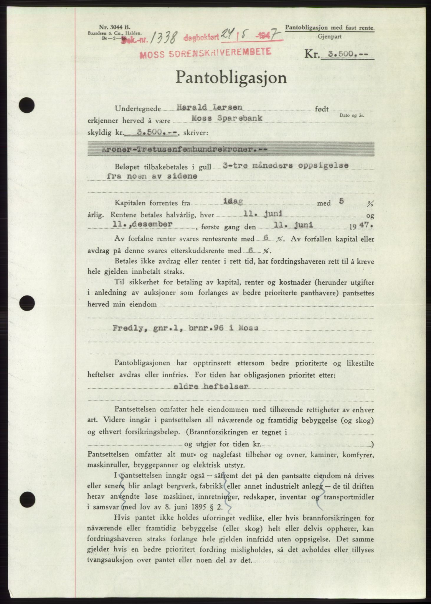 Moss sorenskriveri, SAO/A-10168: Pantebok nr. B17, 1947-1947, Dagboknr: 1338/1947