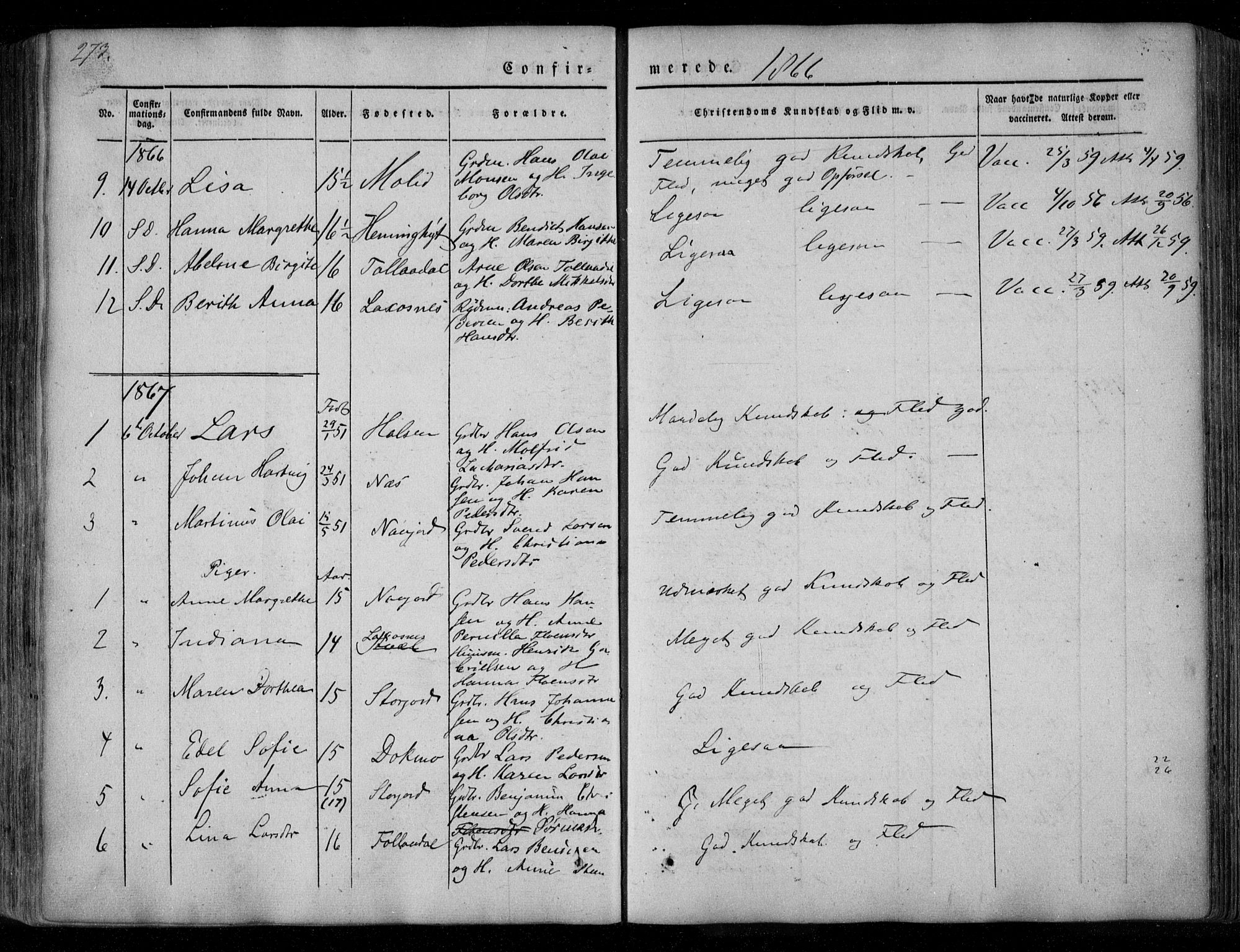 Ministerialprotokoller, klokkerbøker og fødselsregistre - Nordland, AV/SAT-A-1459/846/L0644: Ministerialbok nr. 846A02, 1837-1872, s. 273