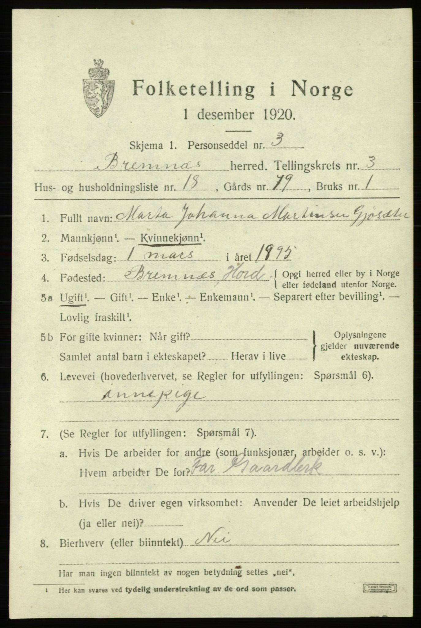 SAB, Folketelling 1920 for 1220 Bremnes herred, 1920, s. 1780
