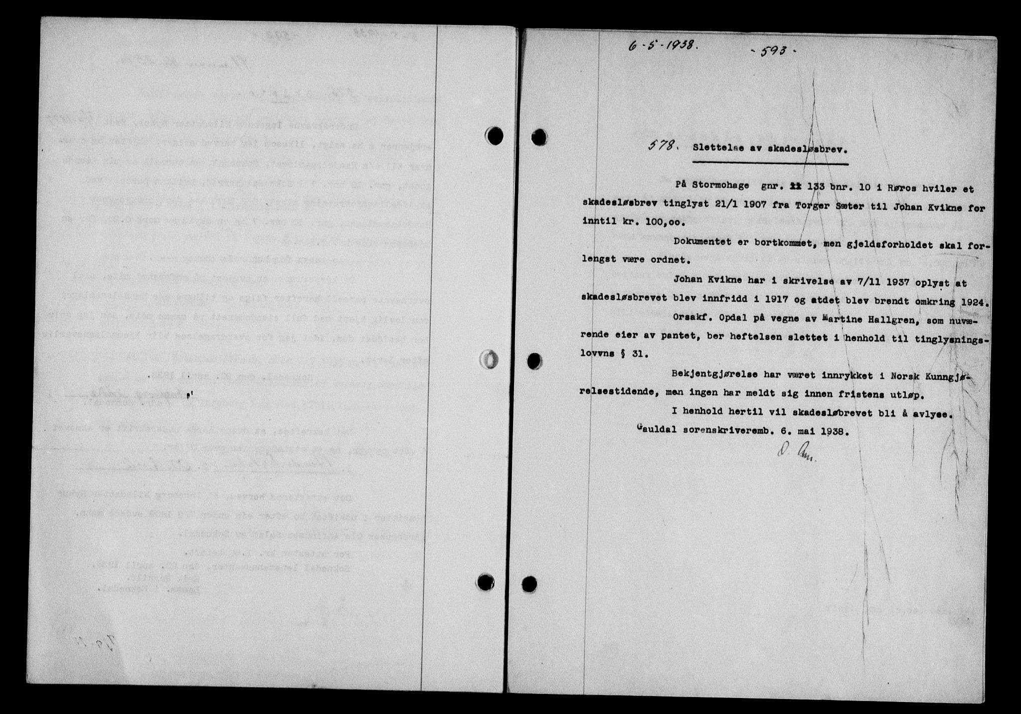 Gauldal sorenskriveri, SAT/A-0014/1/2/2C/L0048: Pantebok nr. 51-52, 1937-1938, s. 593, Dagboknr: 578/1938