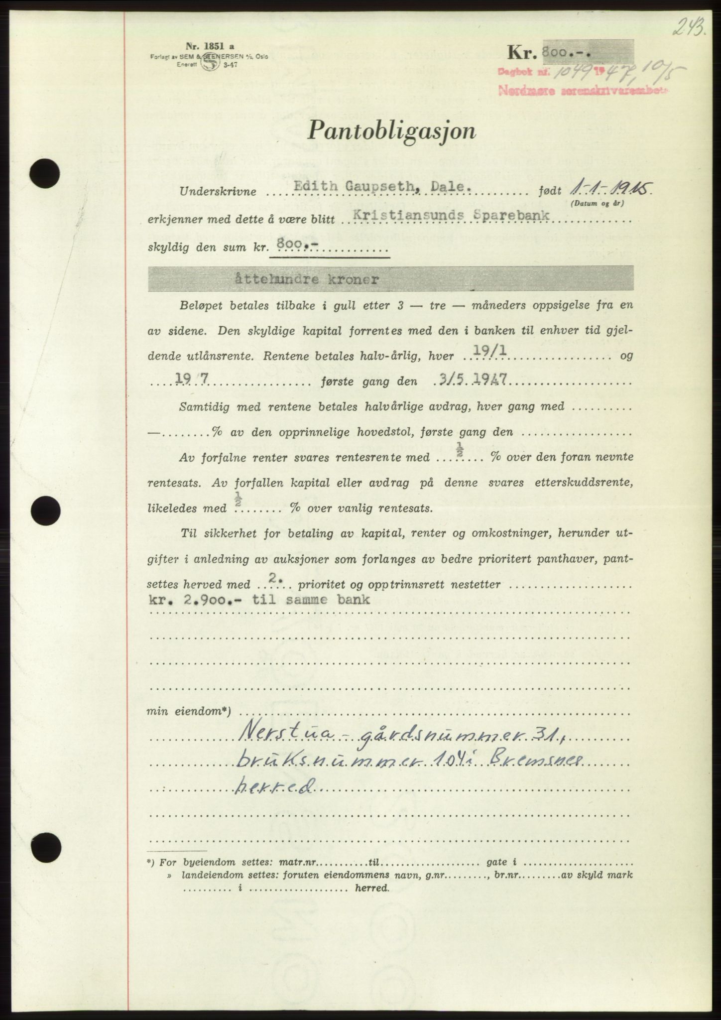 Nordmøre sorenskriveri, AV/SAT-A-4132/1/2/2Ca: Pantebok nr. B96, 1947-1947, Dagboknr: 1049/1947