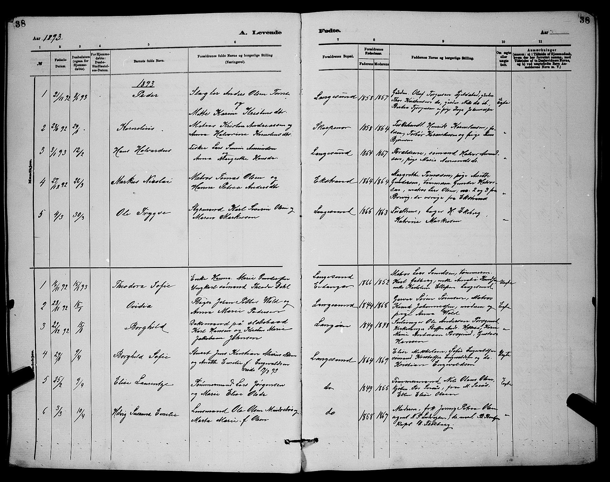 Langesund kirkebøker, AV/SAKO-A-280/G/Ga/L0005: Klokkerbok nr. 5, 1884-1898, s. 38