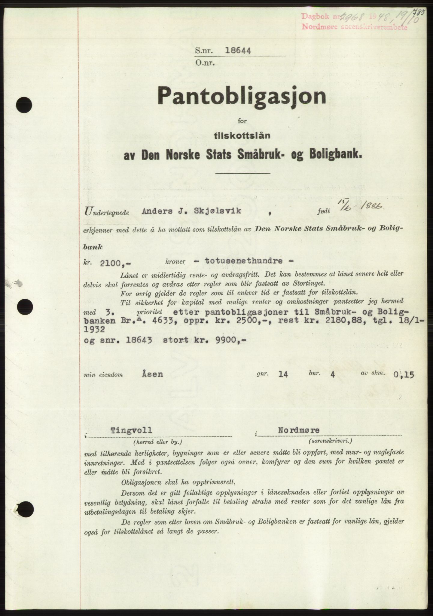 Nordmøre sorenskriveri, SAT/A-4132/1/2/2Ca: Pantebok nr. B99, 1948-1948, Dagboknr: 2968/1948