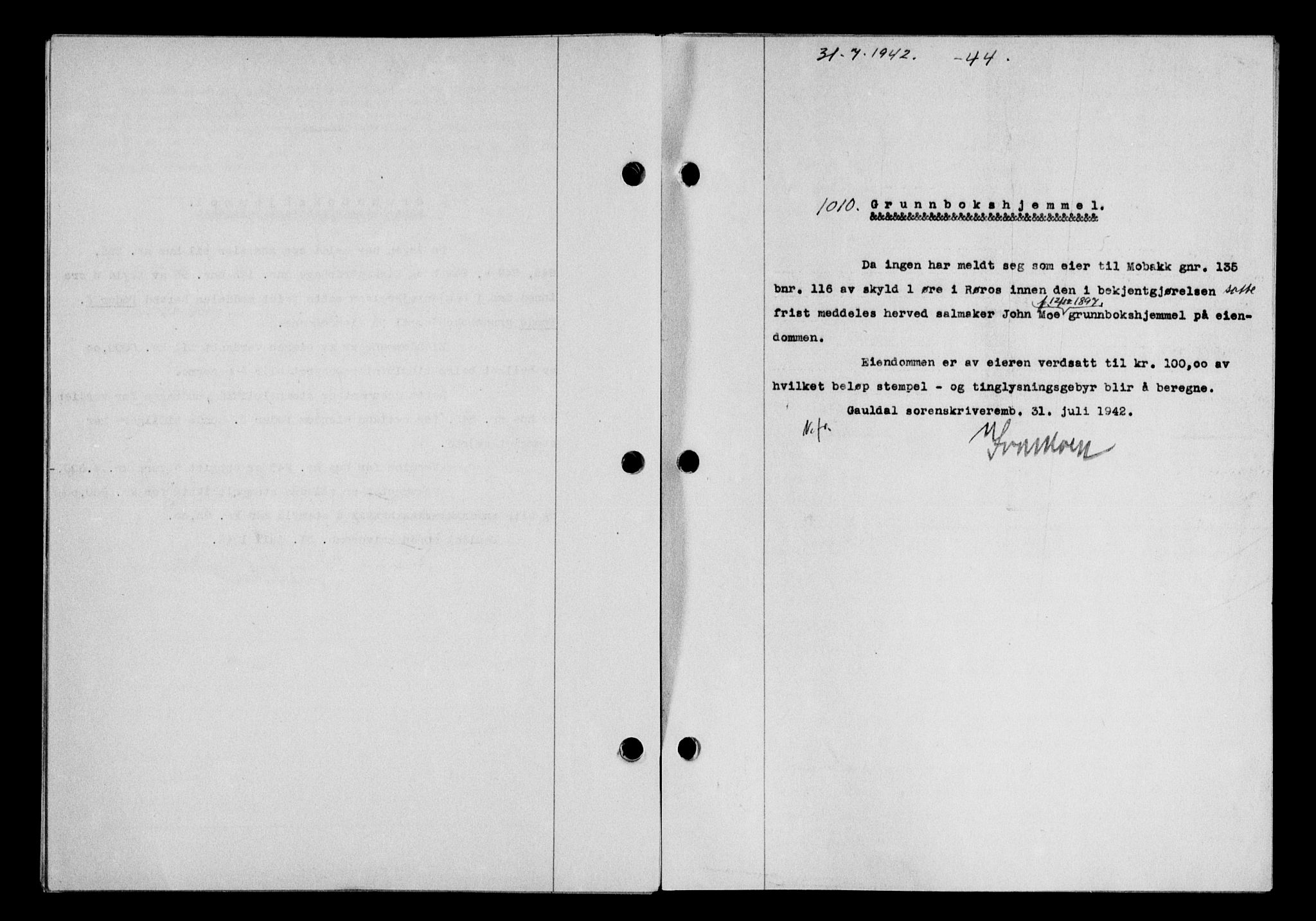 Gauldal sorenskriveri, SAT/A-0014/1/2/2C/L0055: Pantebok nr. 60, 1942-1942, Dagboknr: 1010/1942